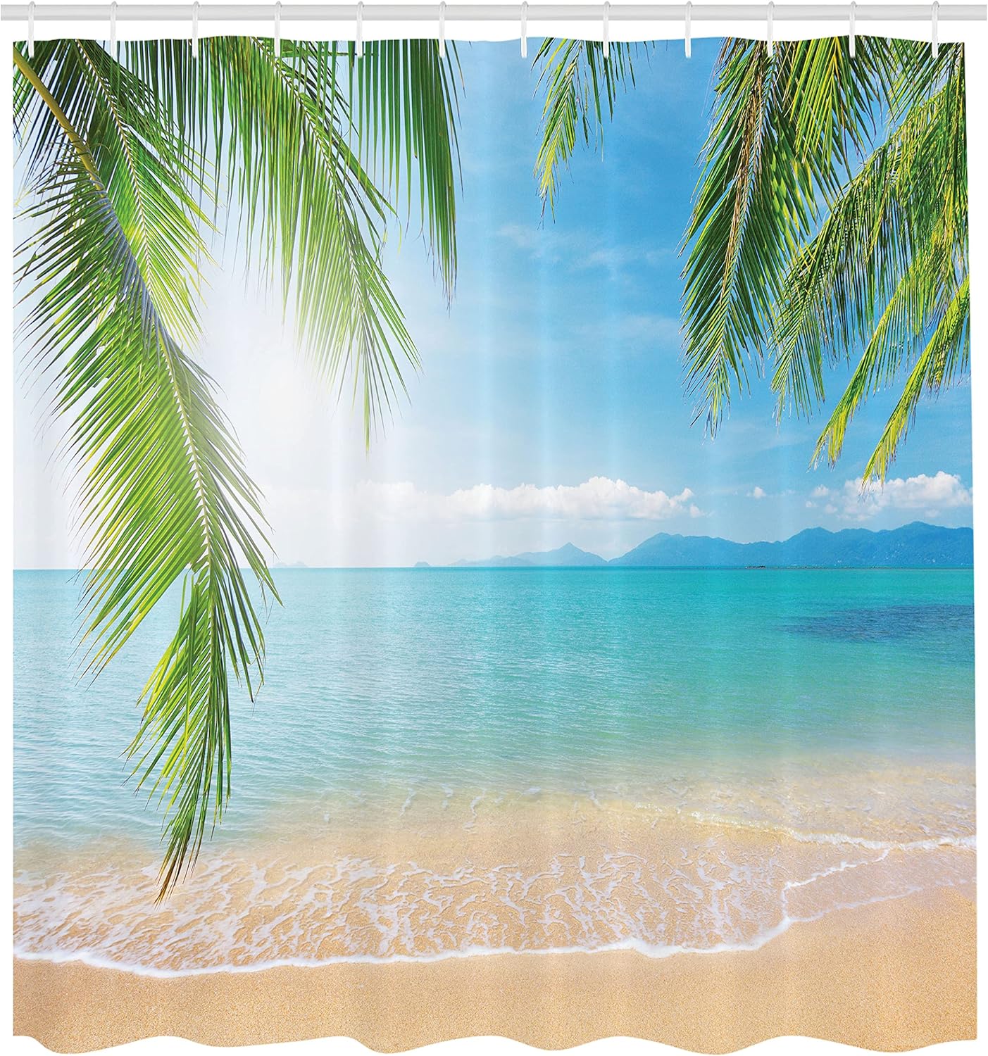 Ambesonne Tropical Shower Curtain, Idyllic Thailand Relaxation Holiday Coast Paradise Vacation Image, Cloth Fabric Bathroom Decor Set with Hooks, 69" W x 75" L, Sand Brown Turquoise