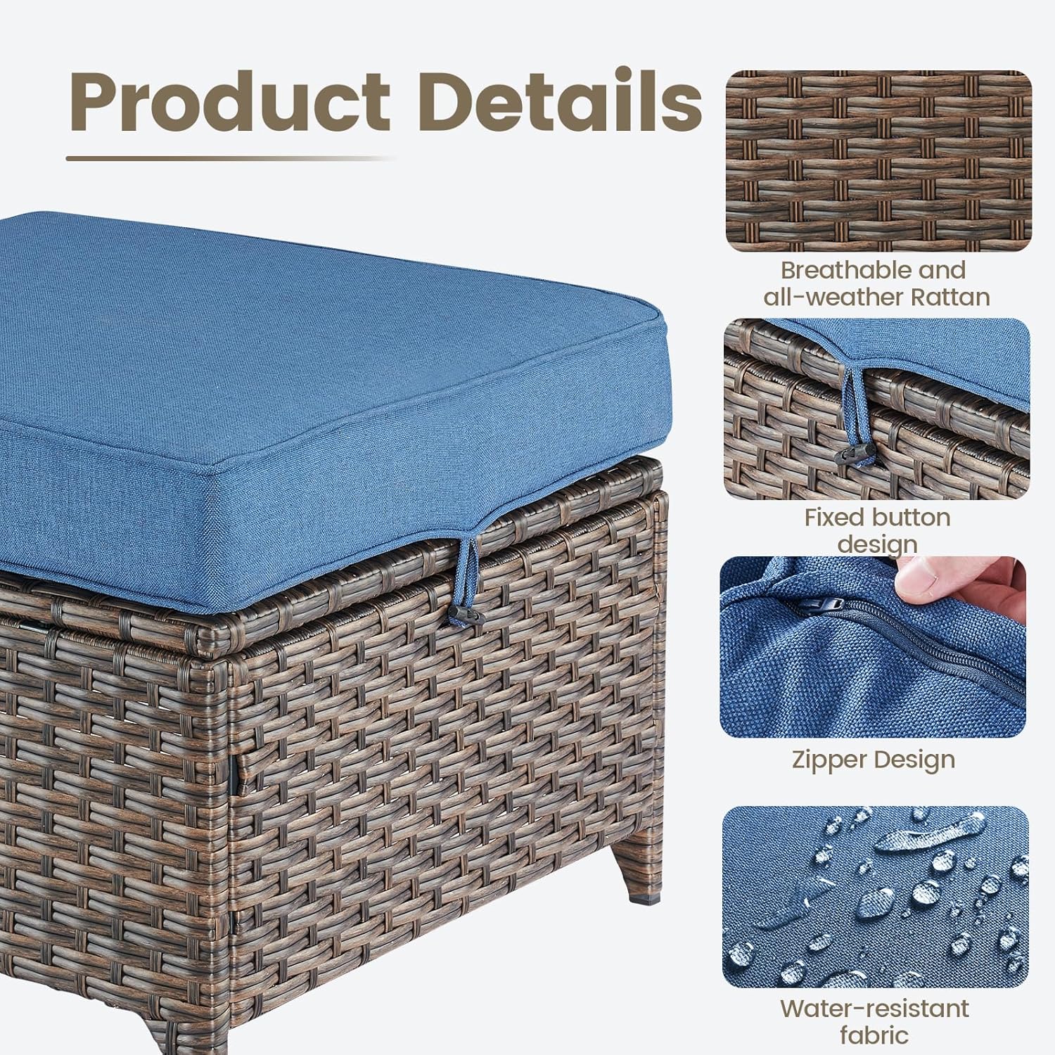 Outdoor Wicker Ottomans Rattan Footrests - Heavy Duty Outside Resin Rattan Lawn Footstools for Front Porch Balcony Backyard Yard Deck Apartment – Brown/Blue