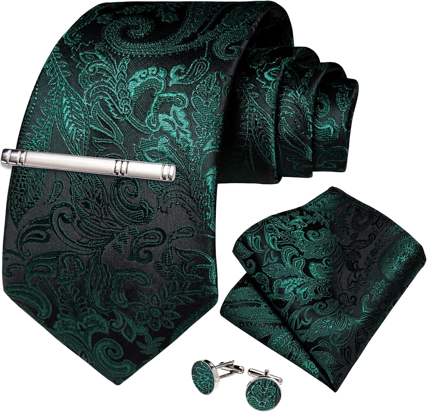 DiBanGu Silk Floral Ties for Men Woven Paisley Necktie and Tie Clip Handkerchief Cufflinks Set for Party Wedding - Image 3