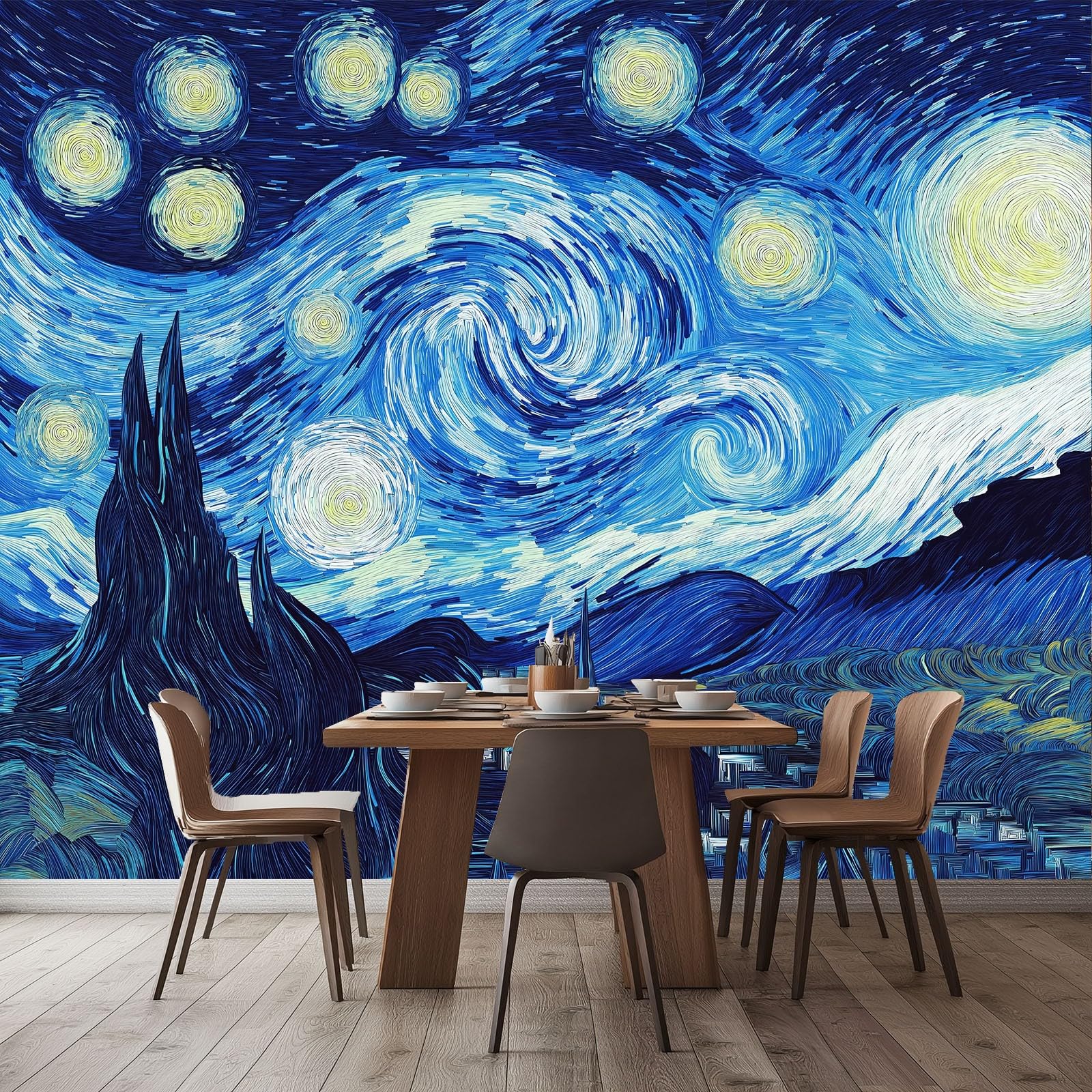 Papier peint nuit zen HD effet peinture à l'huile pour une chambre parentale