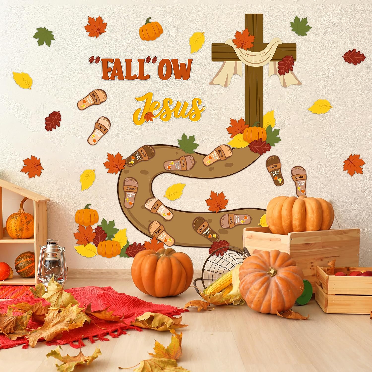 BeYumi Christian Bulletin Board Set - 70Pcs Fall Fallow Jesus Christian Bulletin Board Set Fall Leaves Pumpkin Cross Cutouts Footprint Name Tags Faith Religious Sunday School Church Chalkboard Decor