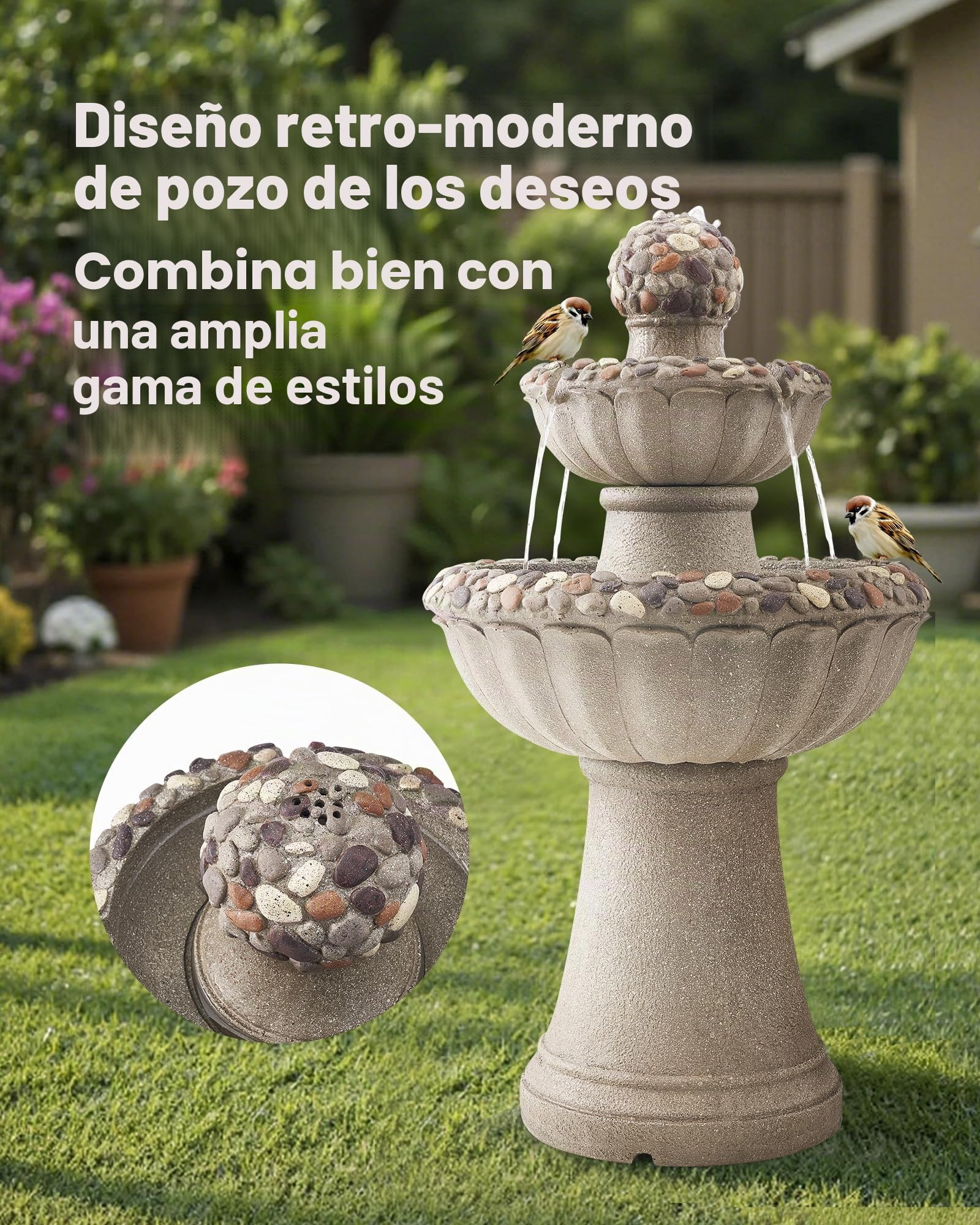 VEVOR Fuente de Agua para Exteriores, 927 mm de Altura, Fuente de Cascada de 2 Niveles de Fibra de Vidrio y Resina con Base de Roca y Bomba para Jardín, Patio, Decoración del Hogar,Gris Roca