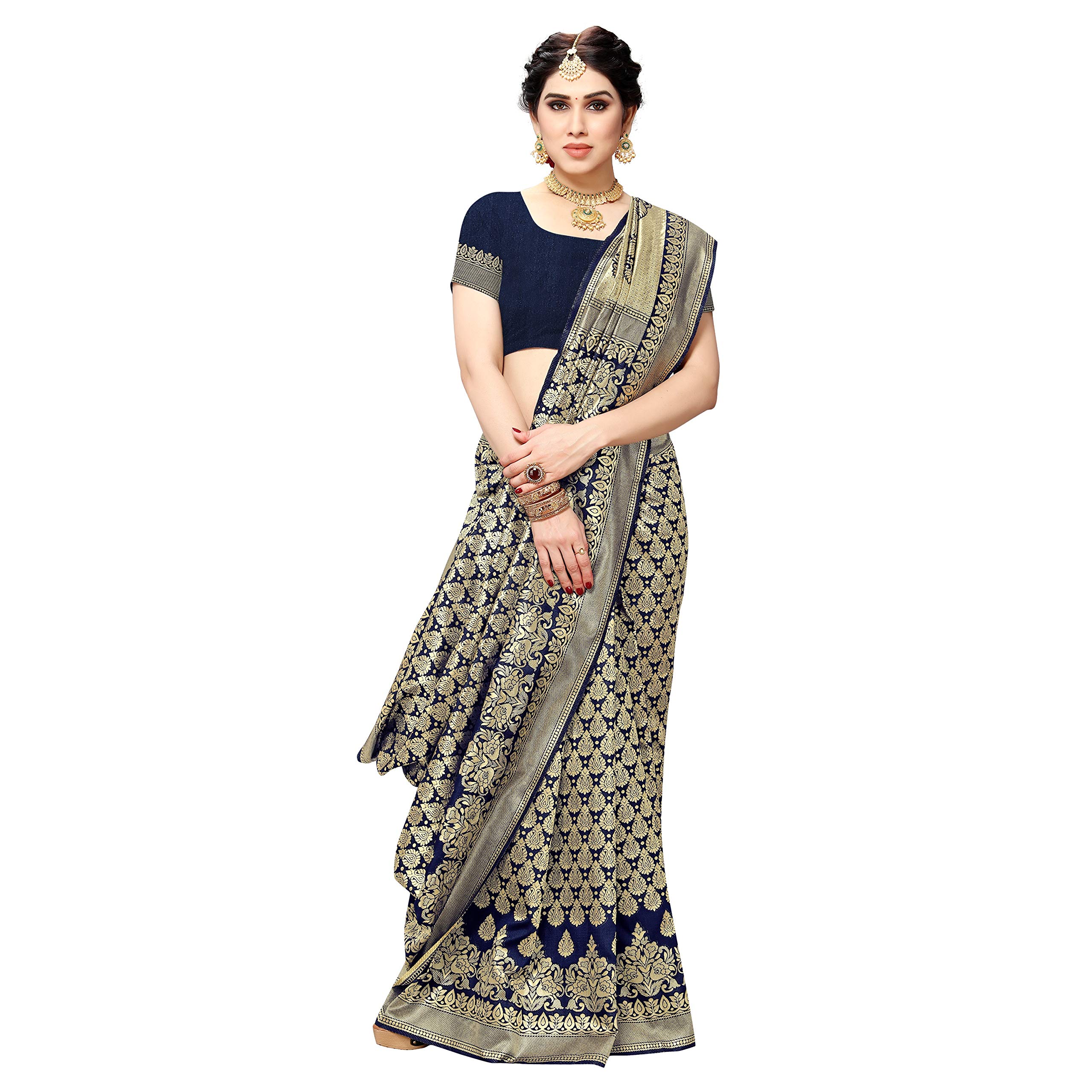 Sidhidata Women's Jacquard Silk Saree with Blouse Piece (T Navy Blue, Pure Silk)