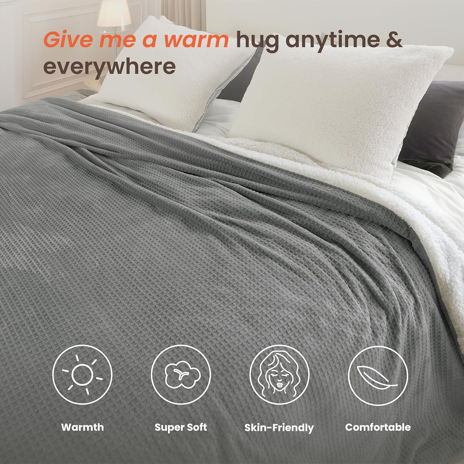Heated Blanket Electric Blanket Queen Waffle,84x90 Inches Sherpa Fleece Fast Heating Blanket 6 Heating Levels & 10 Hours Auto Off ETL Certification, Grey Queen - Image 4