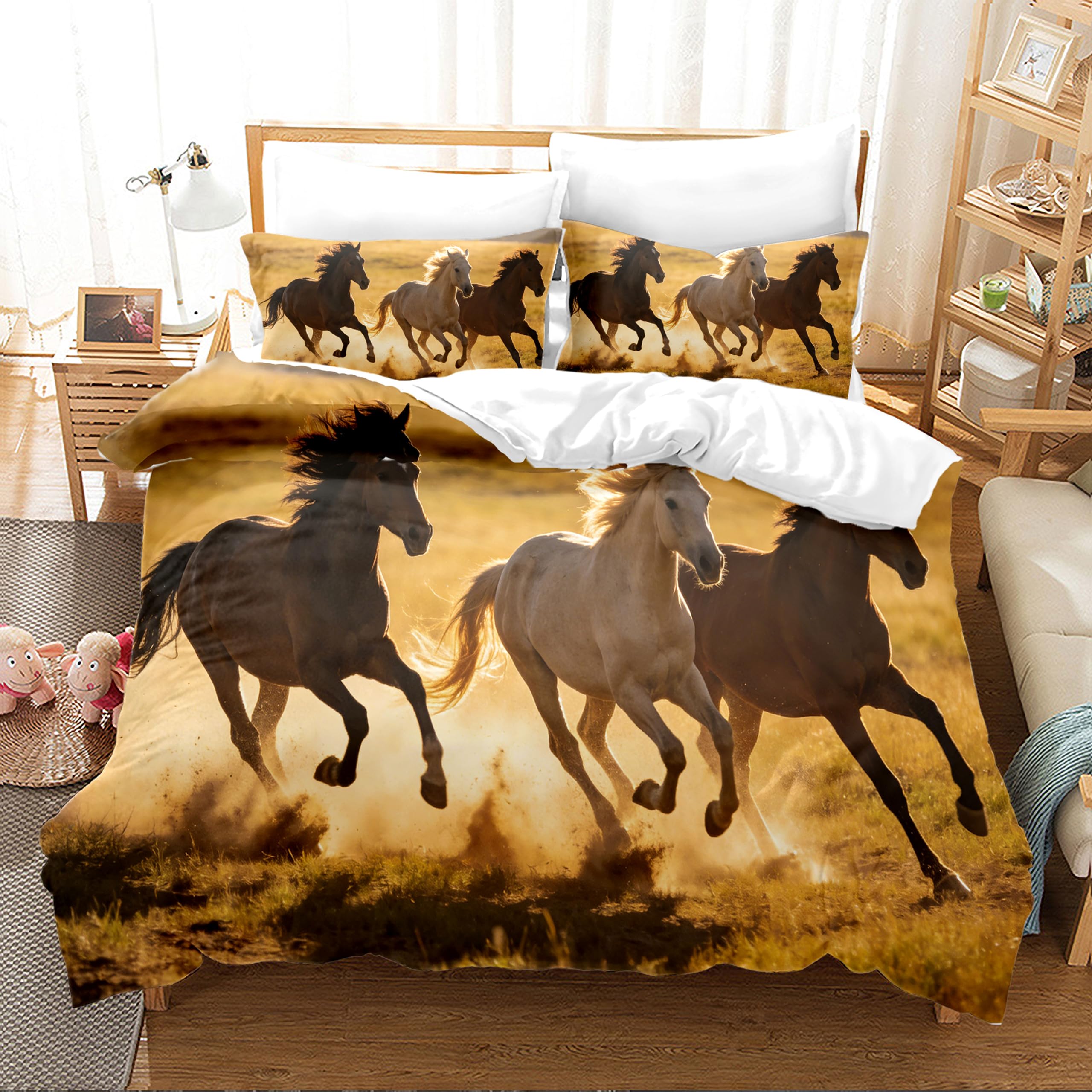 Parure de lit chevaux 200x200 housse de couette adulte 3 pièces