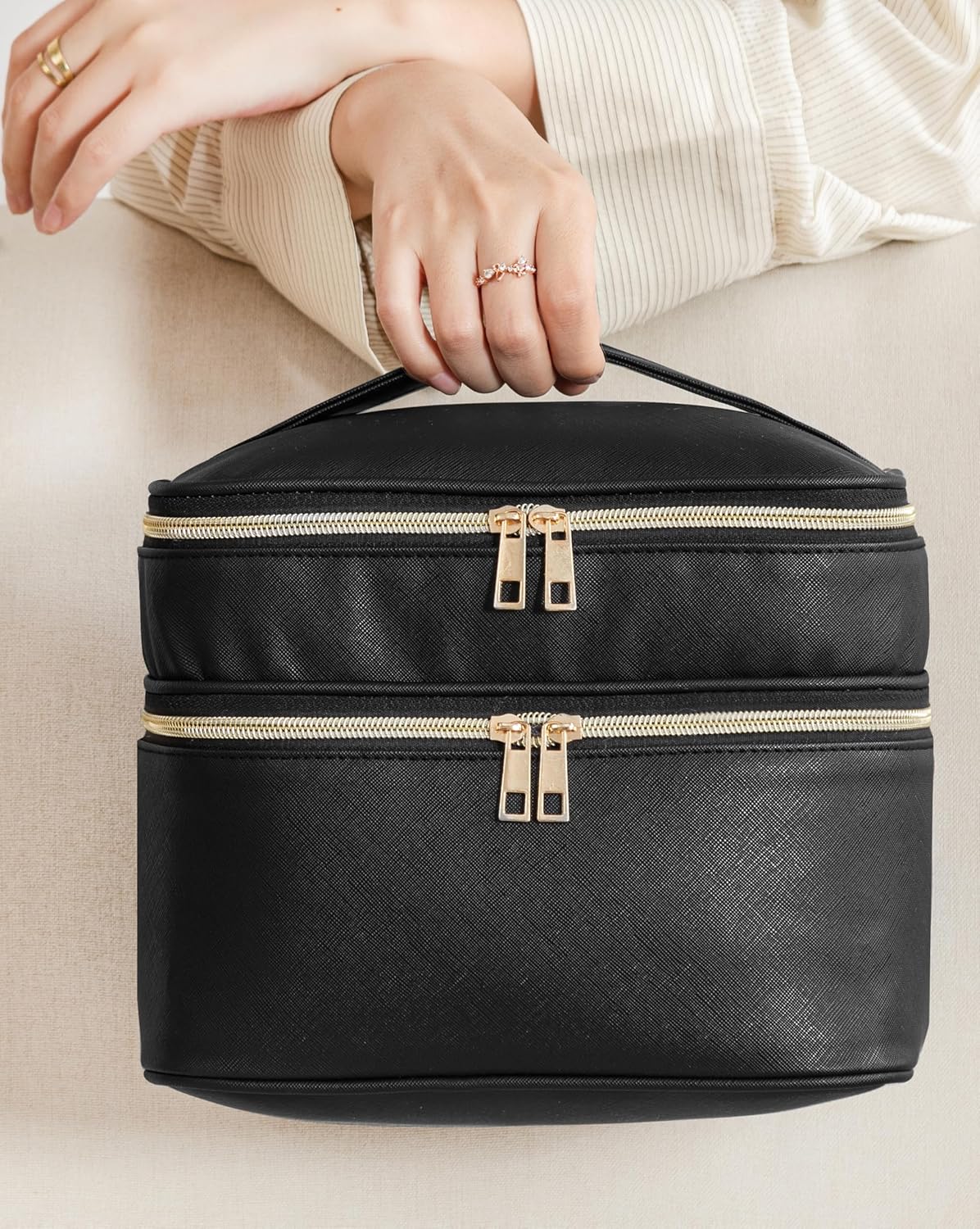 HBlife Double Layer Travel Makeup Bag Portable Cute Leather Cosmetic Bag Large Make Up Bag Makeup Case Organizer Toiletry Bag for Women Girls with Handle and Removable Divider(Black) - Image 5