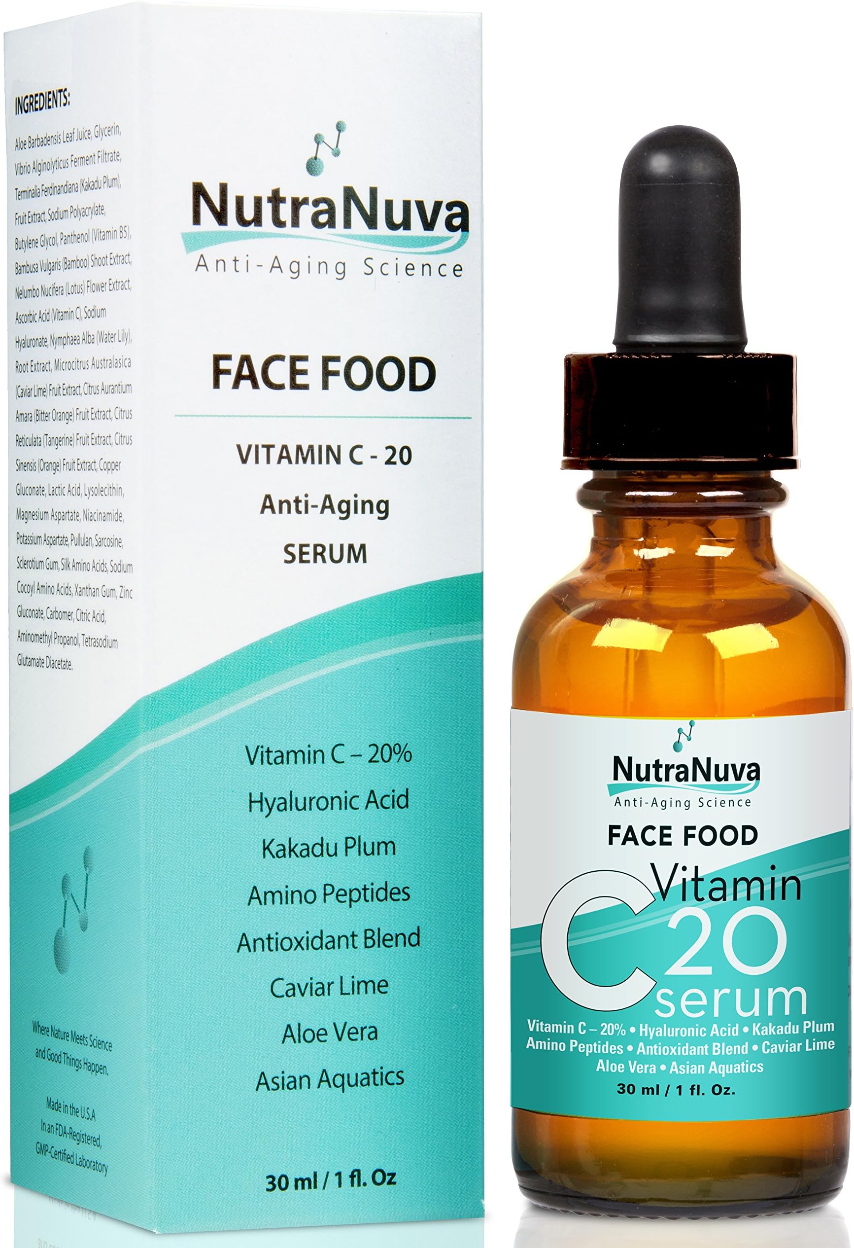 Face Food Anti Aging Natural 20% Vitamin C Serum Complex VEGAN Formula, Kakadu Plum, Hyaluronic Acid, Peptides, Aquatic Plants, Aloe and more for Wrinkles, Age Spots, Collagen,1 fl. Oz