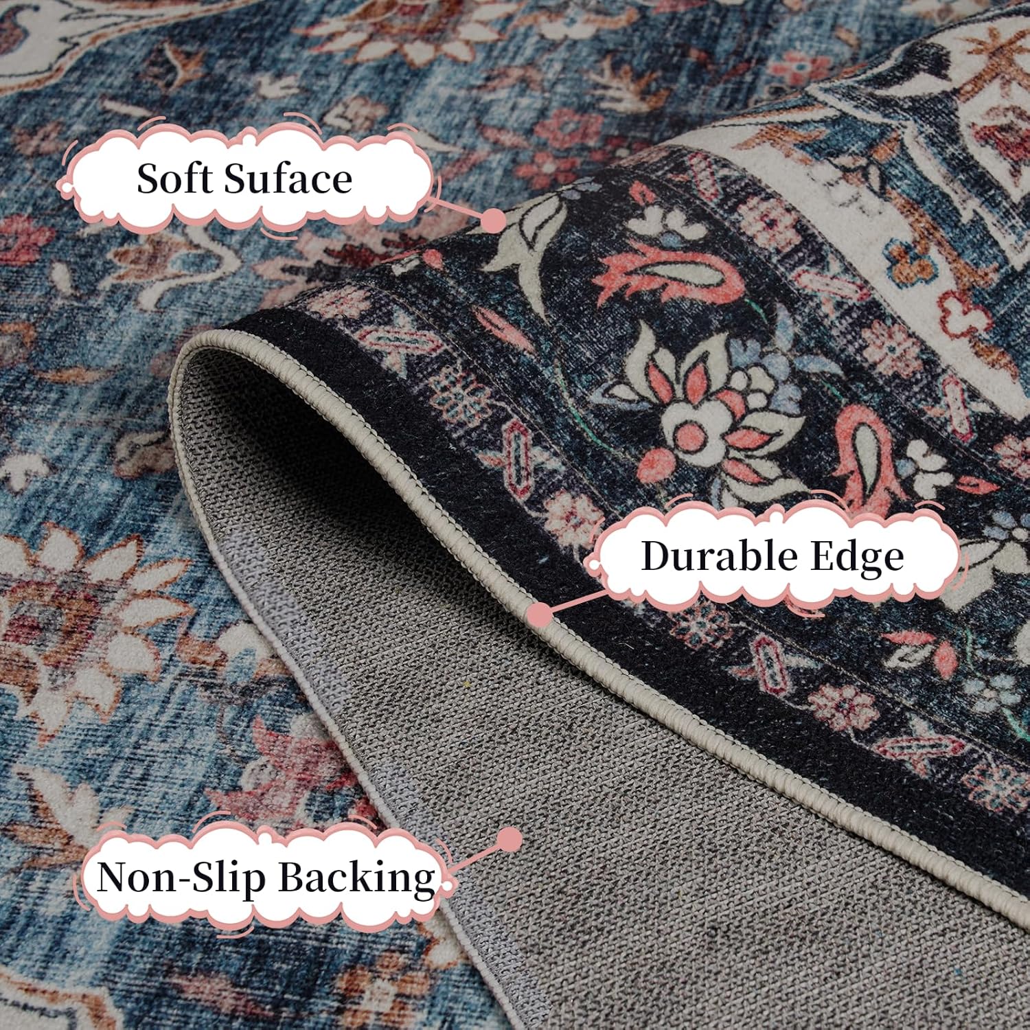 Amearea Vintage Design Navy Blue Area Rugs for Living Room, 4x6 Machine Washable Floral Collection Traditional Bedroom Rug, Low Pile Dinning Room Carpet, No Slip Office Kitchen Home Decor, Navy Blue