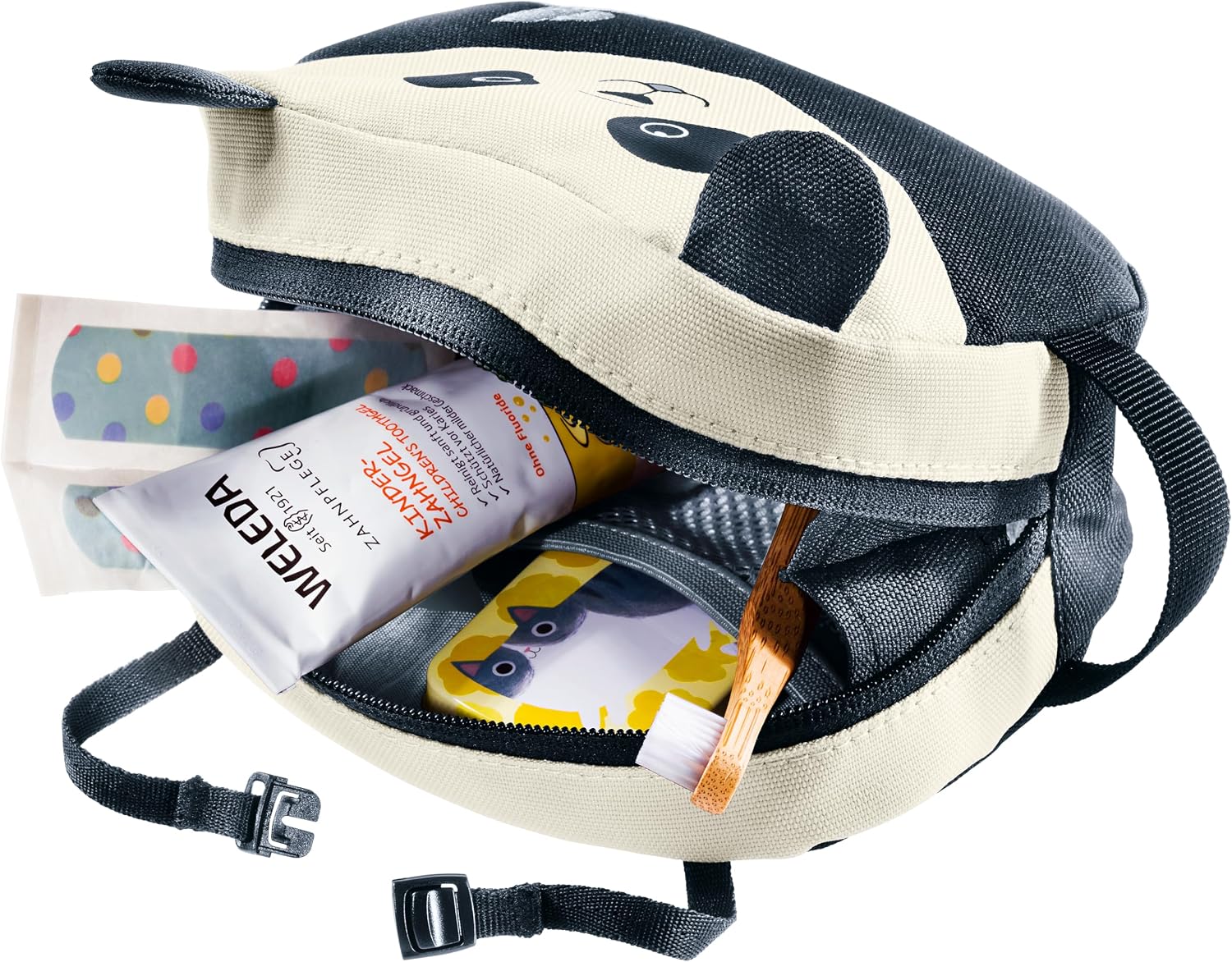 Deuter Kids Wash Bag, Compact Travel Toiletry Bag for Children with Name Tag and Mesh Compartments - Black-Bone
