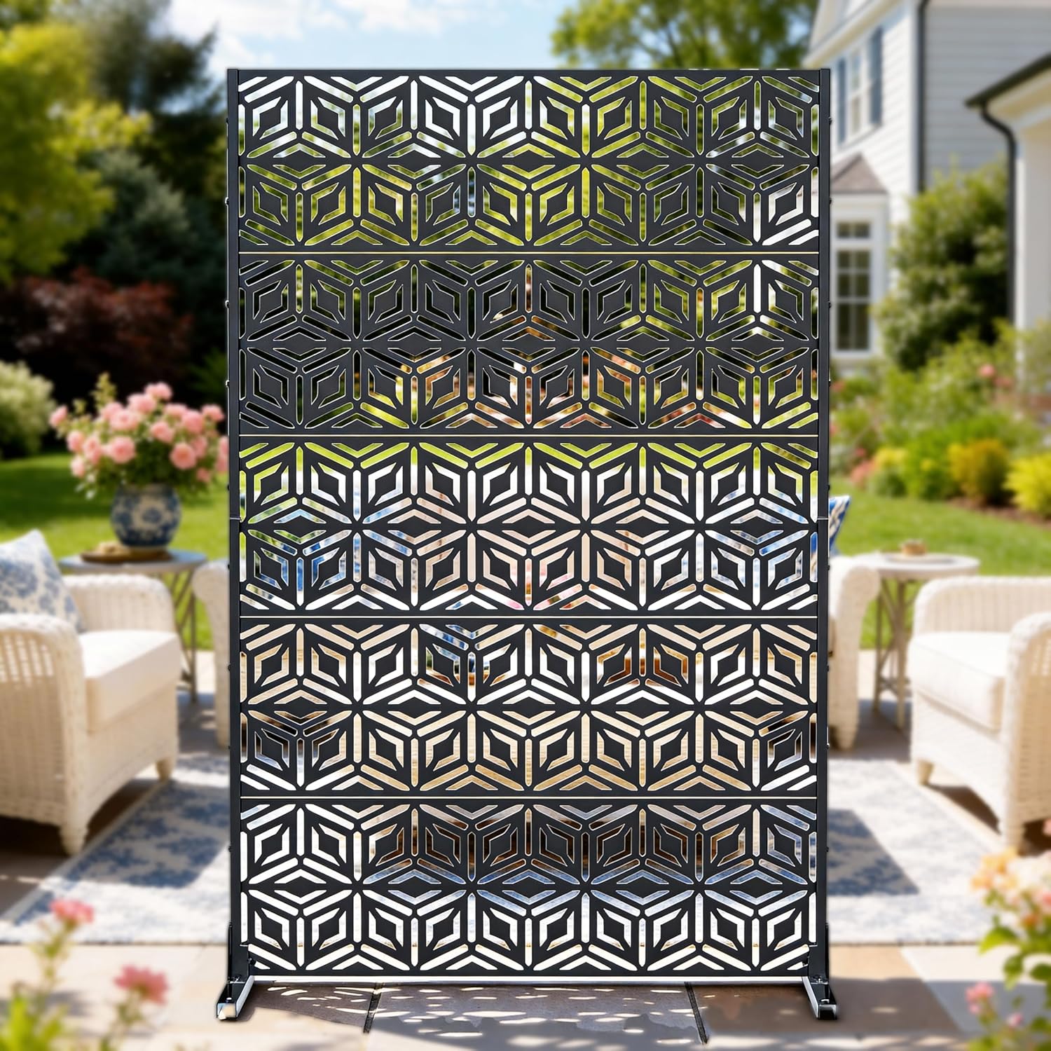 Decorative Privacy Screen Outdoor 72" H×44" W, Steel Laser Cut Snowflakes Garden Privacy Fence Panel, Weatherproof Freestanding Modern Screen Divider for Balcony Patio Deck Backyard Home