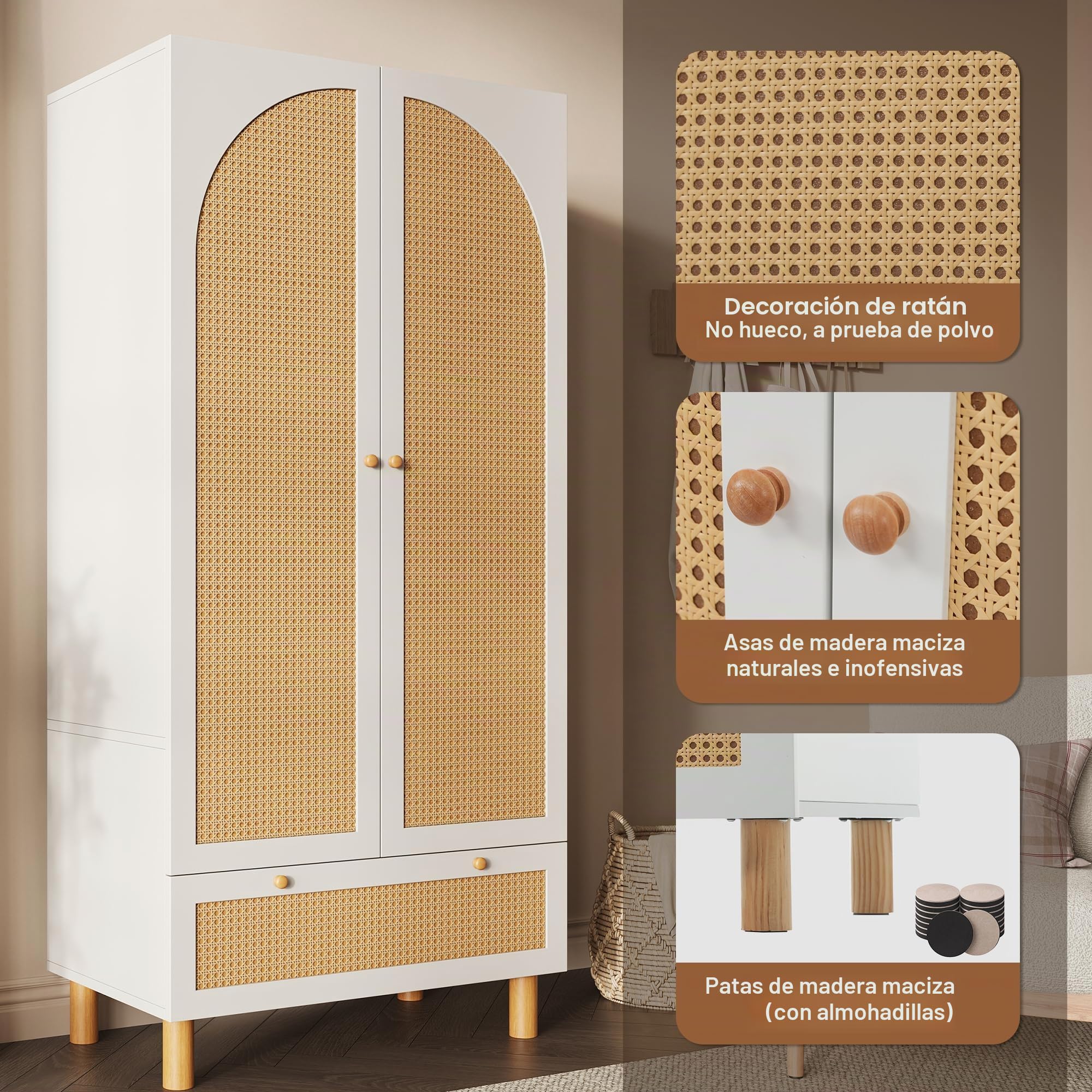 Armario con 2 puertas y ratán, estilo rústico, color blanco, con cajón grande, estantes ajustables en altura y barra para ropa, incluye protección antivuelco, 180 x 85 x 52 cm (alto x ancho
