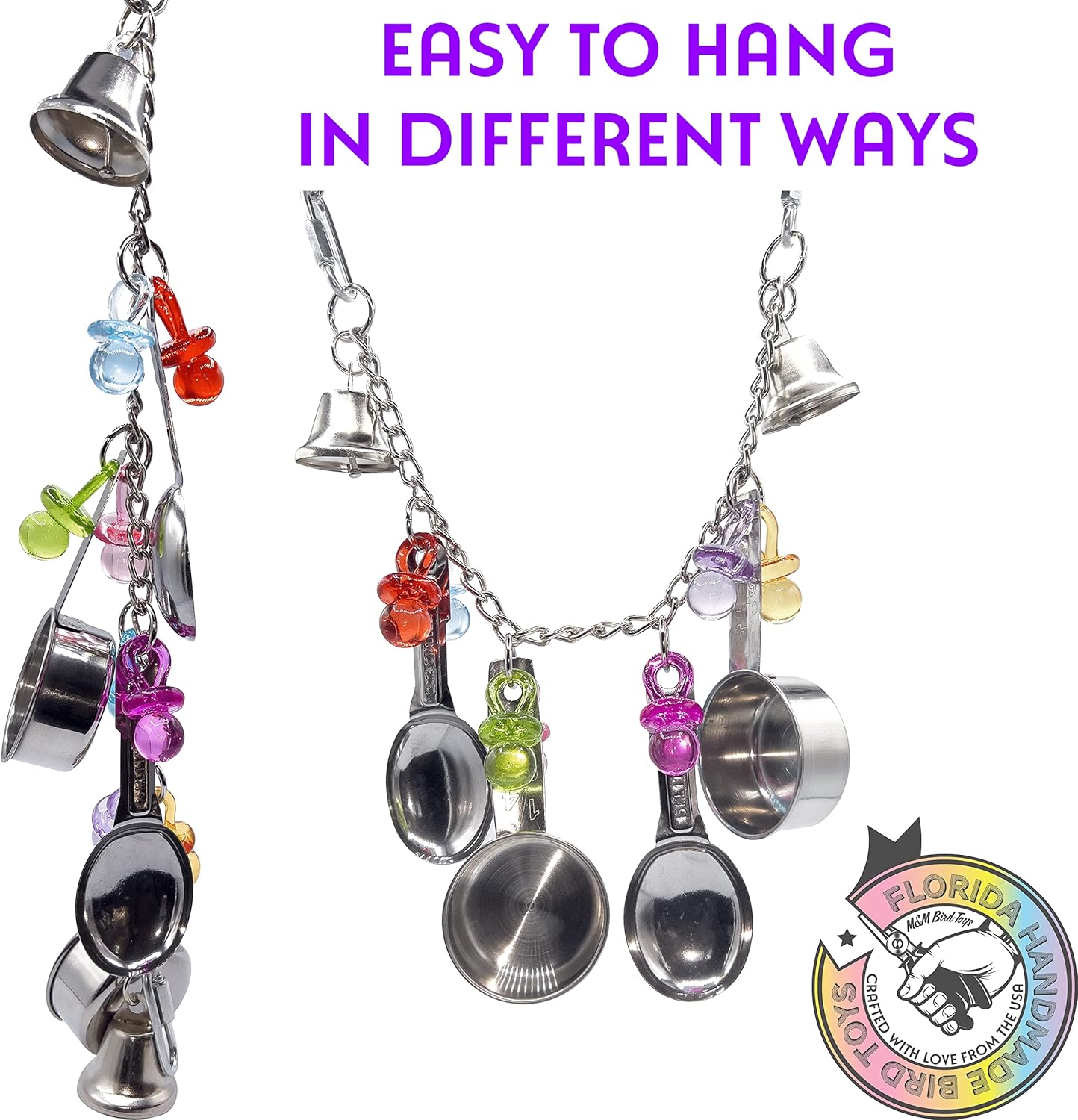 1014 Super Rattle Ringer - Handcrafted Versatile Avairy Hanging Toy, Stainless Steel Spoons and Pots, Beautiful Acrylic Pacifiers, Perfect for African Grey Cockatoo Amazon