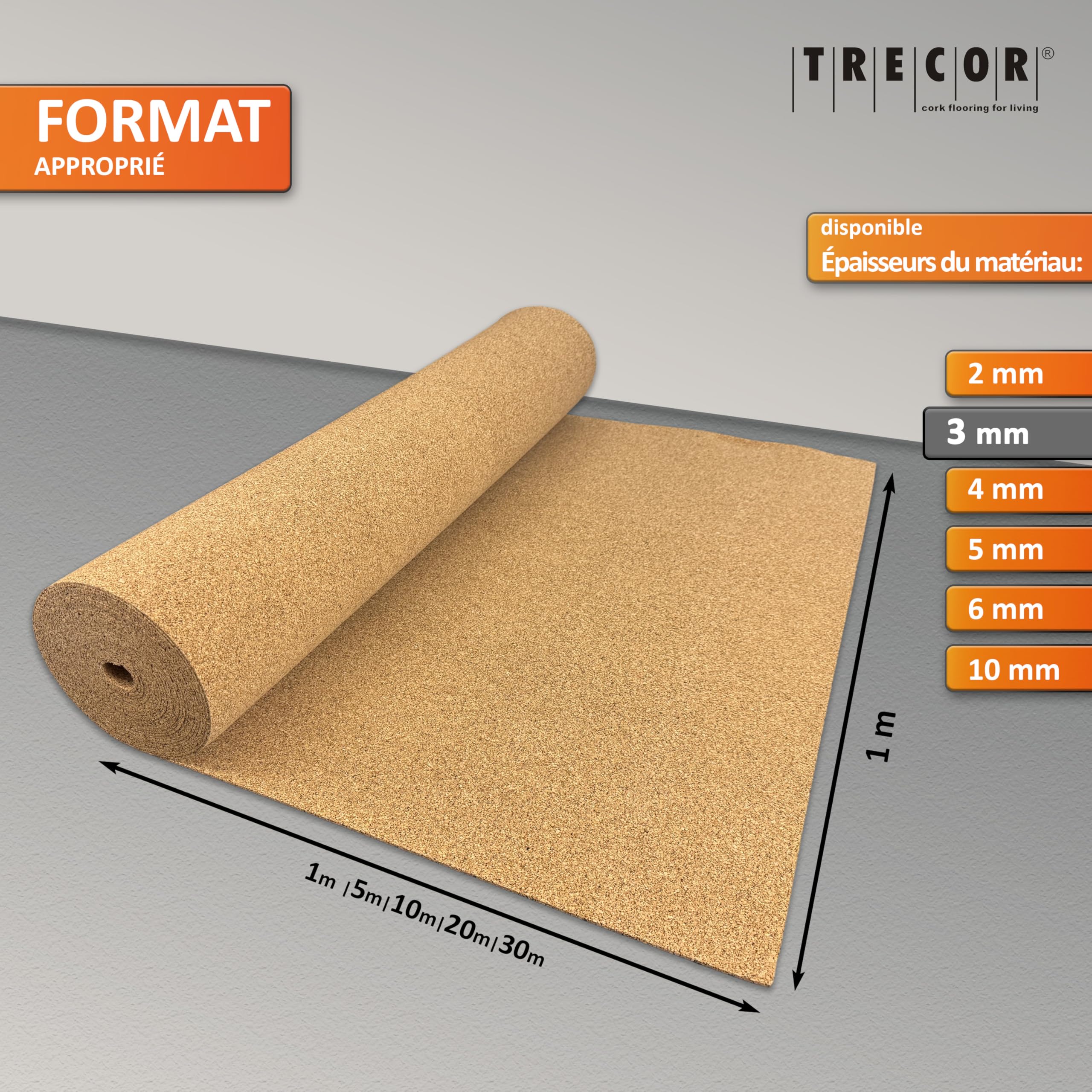 20 m² | Isolation phonique TRECOR Rouleau en liège – Épaisseur 3 mm – Isolation acoustique naturelle et écologique pour sols stratifiés et parquets – 20 m²