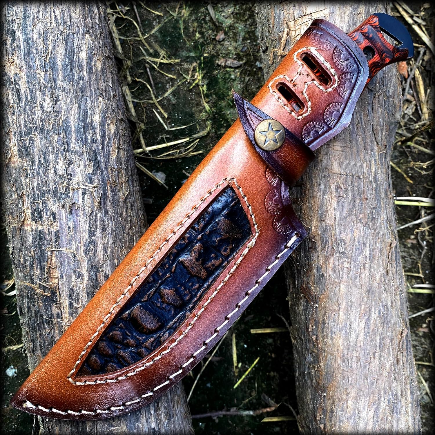 Fixed blade knife Hunting Knife with leather sheath Densified Wood handle,Bush craft, Camping, with Cowhide Leather Sheath – BWF-977