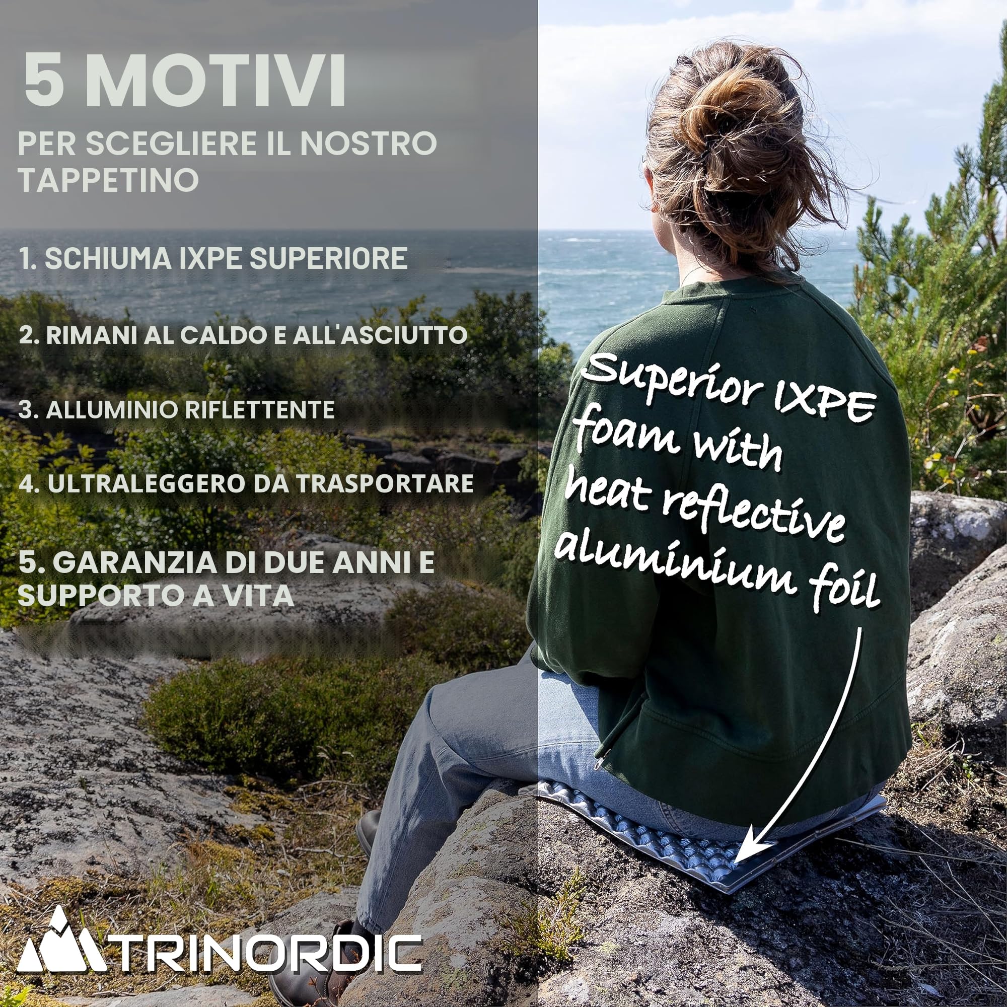 Trinordic Tappetino da Campeggio, Cuscino da Trekking Ultralight – Sempre al Caldo e Asciutto con la Durevole Schiuma IXPE, Impermeabile e Isolante – Attrezzatura da Campeggio, Essenziale in Montagna