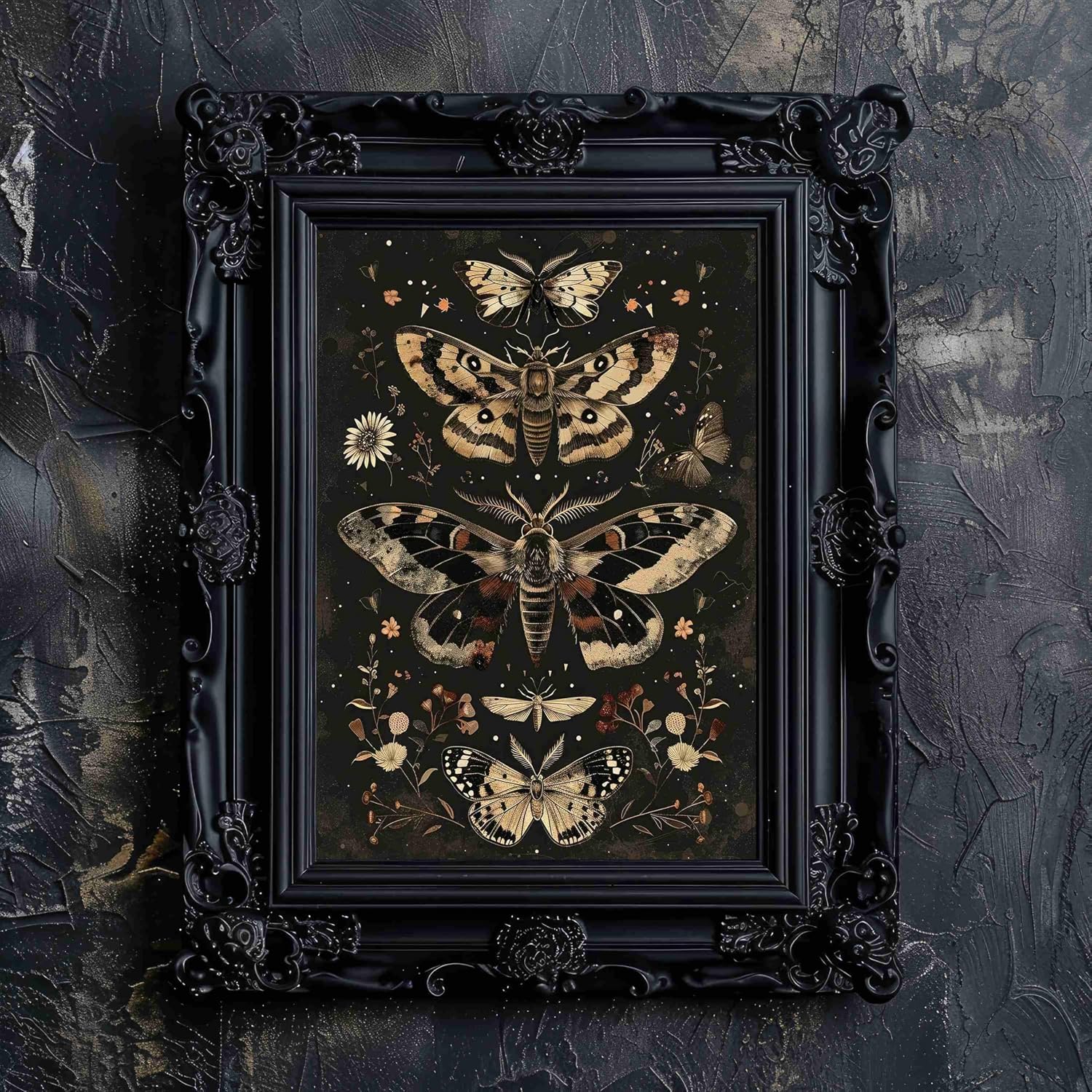 Retro Dark-Art Canvas Print Picture For Home Living Bedroom Office Decor-Wall Art Framed Moody Botanical Moth Poster For Dark Aesthetics Lover Decor-Dark Fantasy