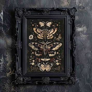 Retro Dark-Art Canvas Print Picture For Home Living Bedroom Office Decor-Wall Art Framed Moody Botanical Moth Poster For Dark Aesthetics Lover Decor-Dark Fantasy