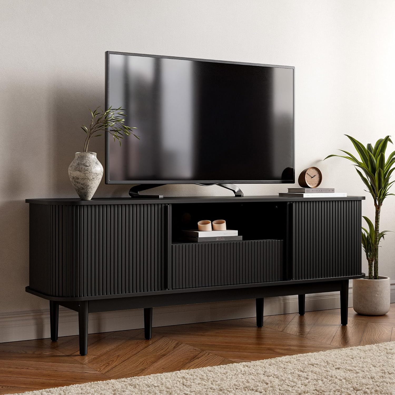 Furniway Modern TV Stand for 45/55/70 inch TV, Entertainment Center with Sliding Doors and Storage, Wood TV Stand for Bedroom, Living Room, Black
