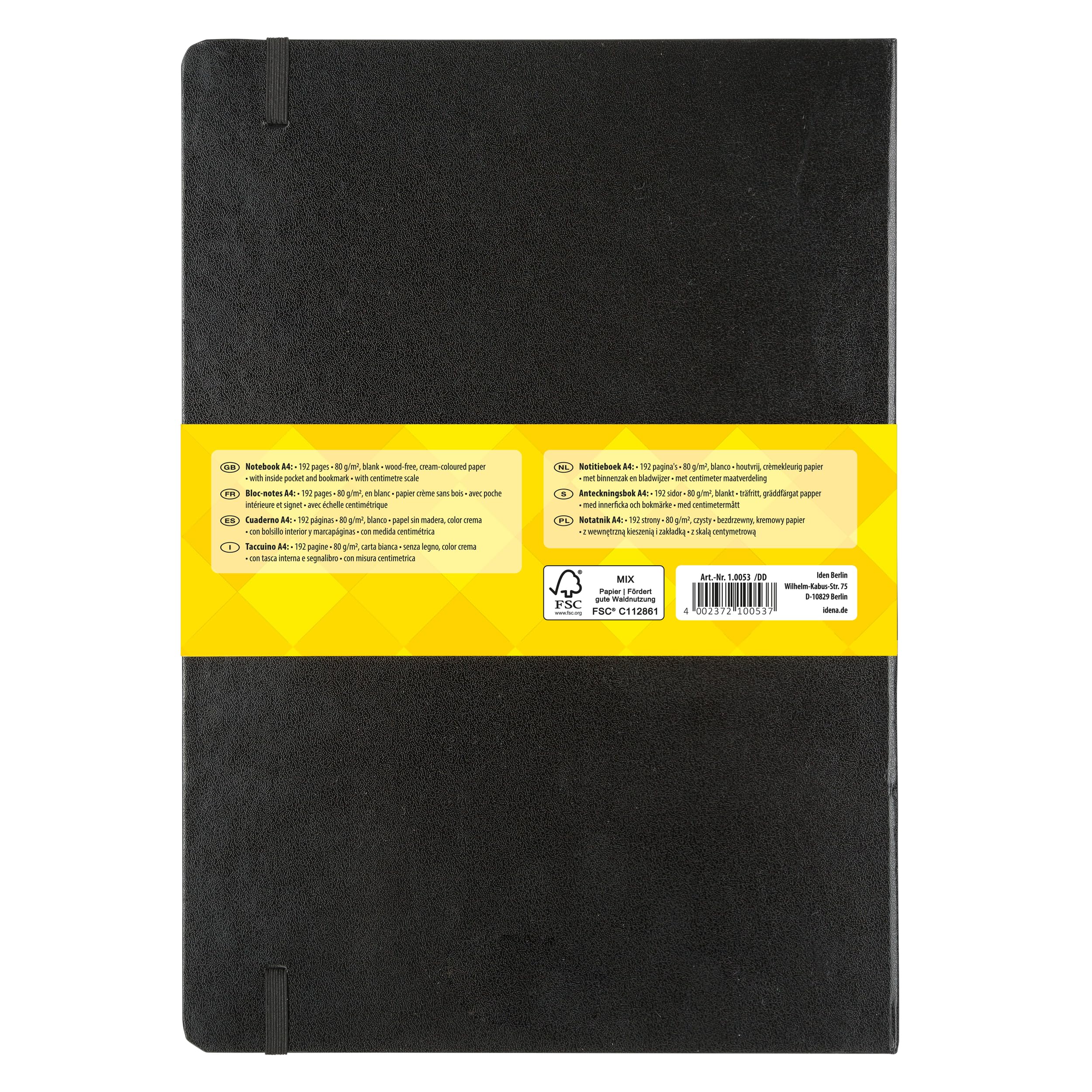 Idena 90449 - Notizbuch A4 blanko, 5 Stück, 192 Blatt 80 g/m² in Creme, mit Innentasche, Gummiband und Lesezeichen, Hardcover Einband in Schwarz
