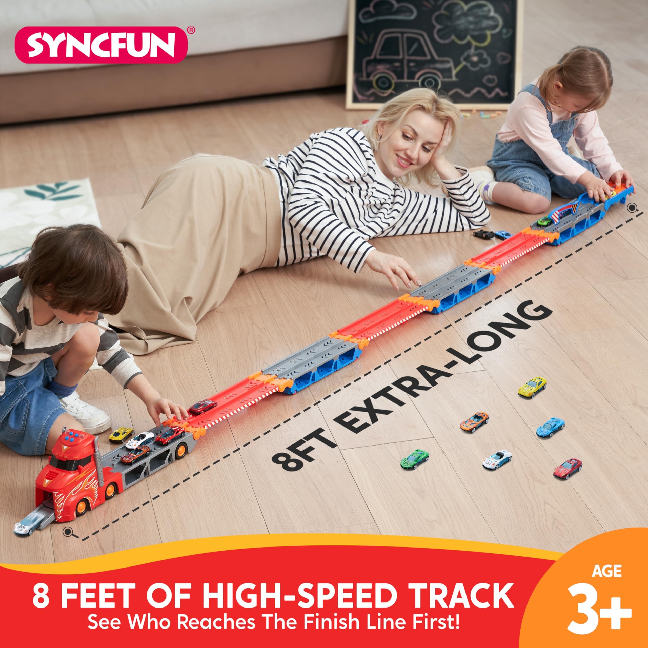 SYNCFUN Transport Race Truck Toy Cars, 2,4 m, gigantyczny tor wyścigowy, składana ciężarówka-transporter, 3-poziomowy zestaw z 12 samochodami, światłami i dźwiękami, prezent dla chłopców w wieku 3, 4