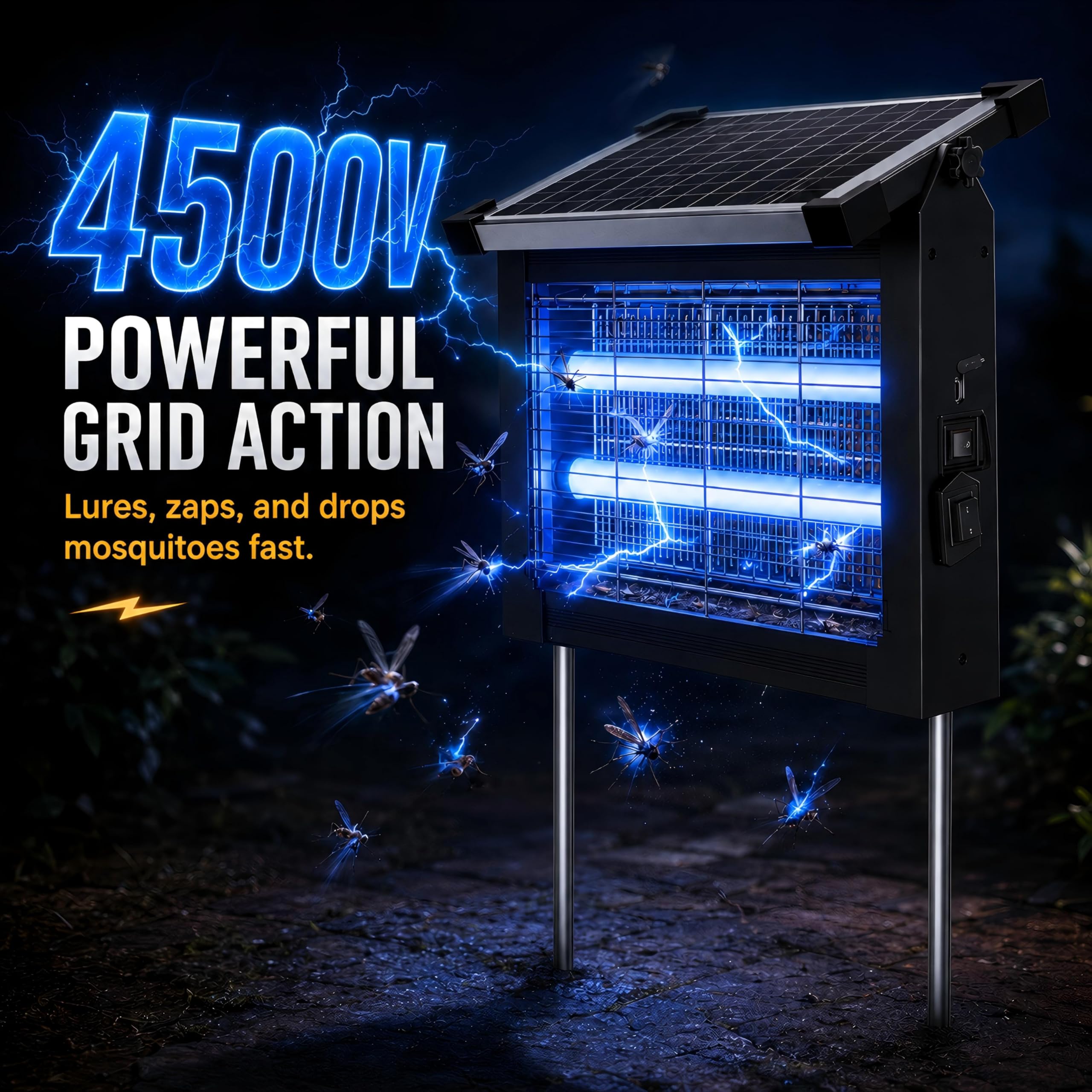 Matamoscas solar para exteriores, 4500 V, matamoscas para exteriores, con panel solar ajustable de 10 W, impermeable, recargable, portátil, trampa eléctrica para moscas para patio, jardín, patio