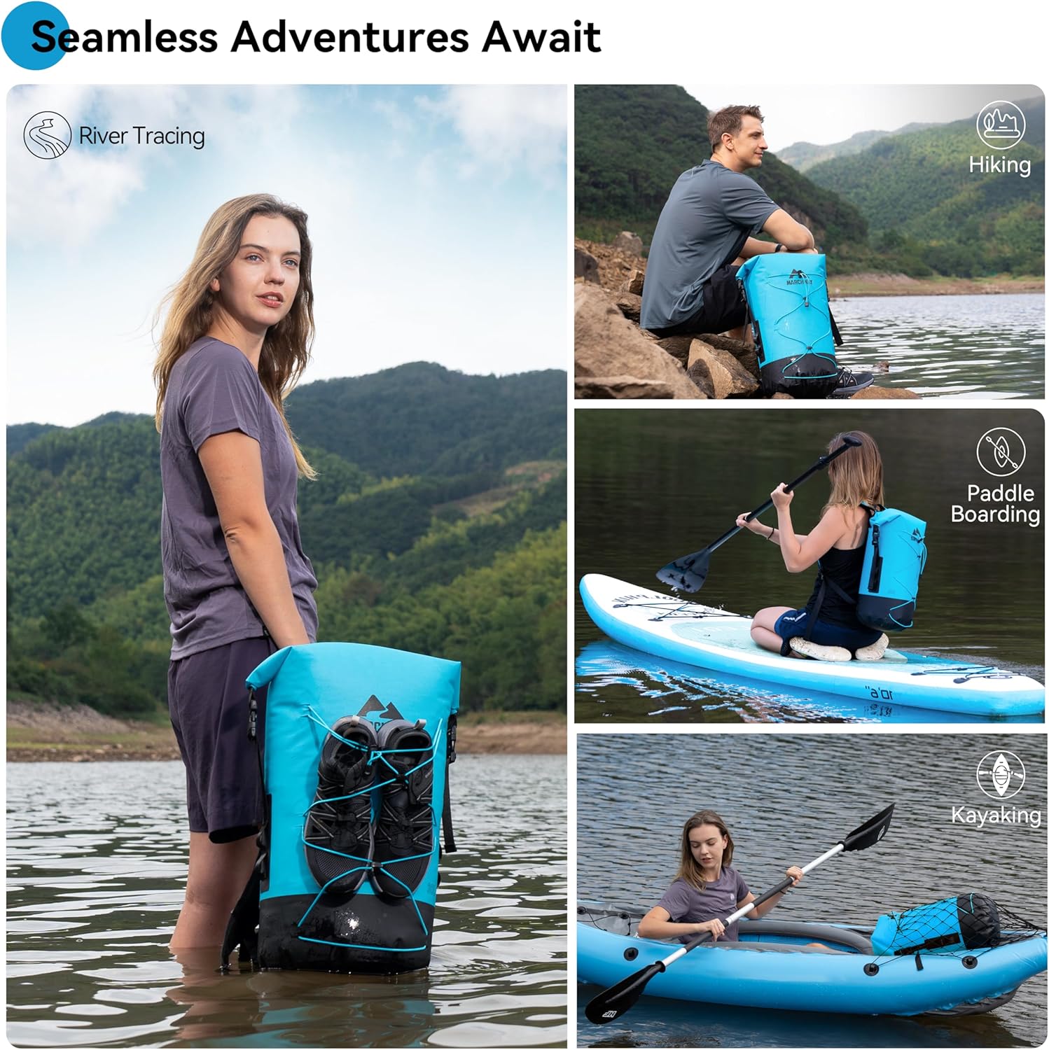MARCHWAY Floating Roll Top Dry Bag, Flexible Lightweight TPU Waterproof Backpack 20L/30L/40L with Padded Straps for Boating, Kayaking, Swimming, Hiking, Beach (Blue, 40L)