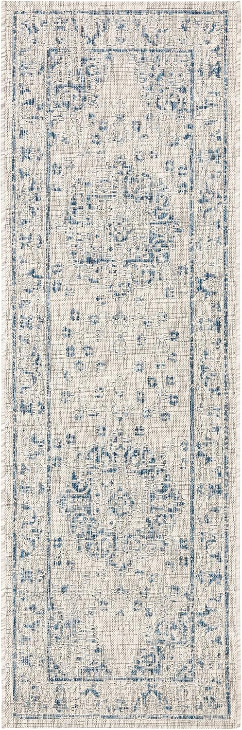 SAFAVIEH Courtyard Collection 2'3" x 12' Grey/Navy CY8679 Indoor/ Outdoor Waterproof Easy Cleaning Patio Backyard Mudroom Runner Rug