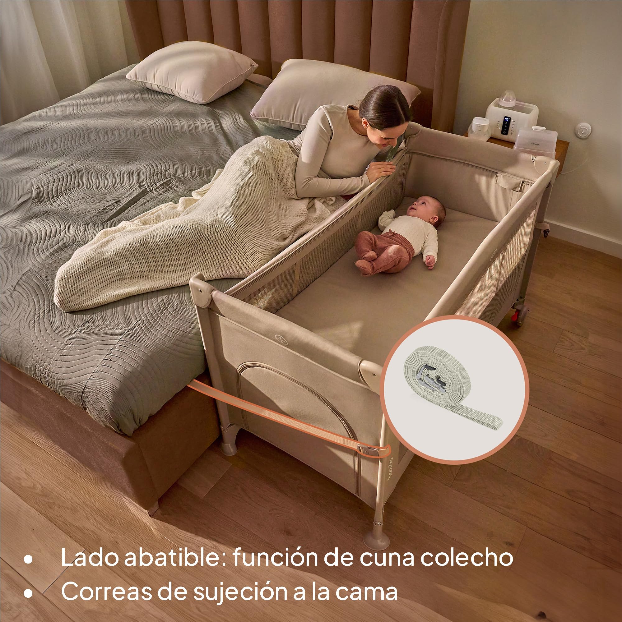 LIONELO ELLEN Cuna de viaje 3 en 1 de 0 a 3 años, Cuna Colecho para Recién Nacidos y Mayores hasta 15 kg, 2 Alturas de Colchón, Correas de Amarre, Entrada Lateral con Cremallera, 2 Ruedas Bolsa