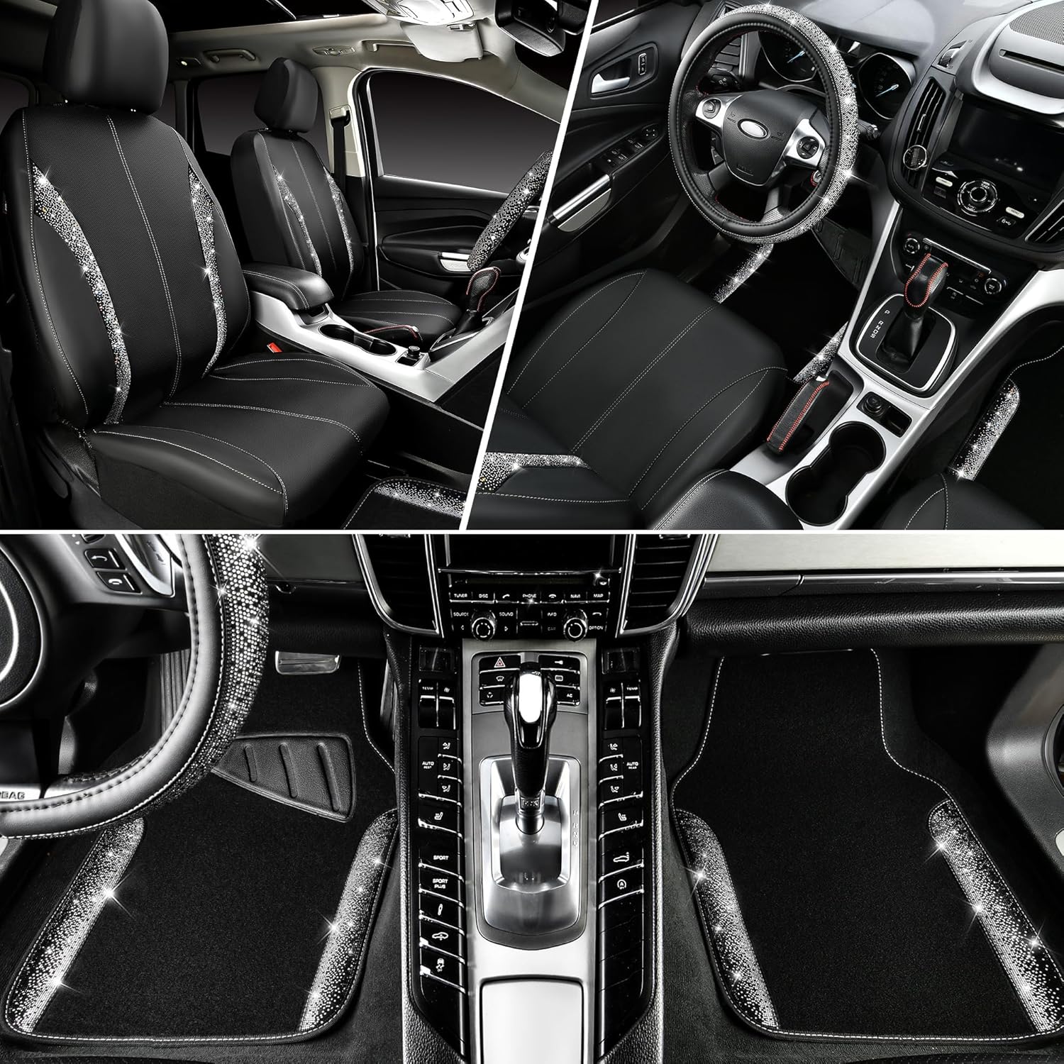 CAR PASS Leather Bling Diamond Car Seat Covers Front & Waterproof Rhinestone Car Floor Mats 4pcs & Sparkly Steering Wheel Cover 15' Universal Shining Interior Sets for 95% SUV Cute Women Black Silver - Image 4