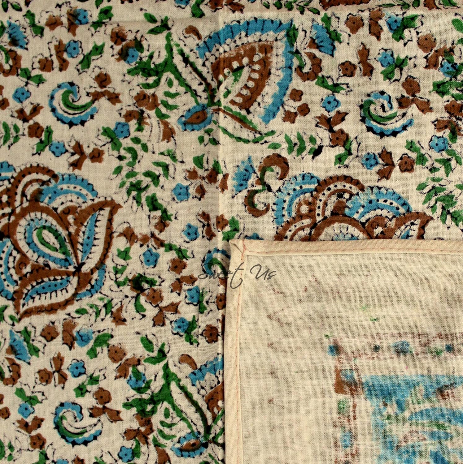 Sweet Us Ashlyn Block Print Tablecloth for Square Tables 70x70 and One Gray Napkin, Floral Cotton Kitchen, Dining Linen, Sky Blue, Gold, Beige