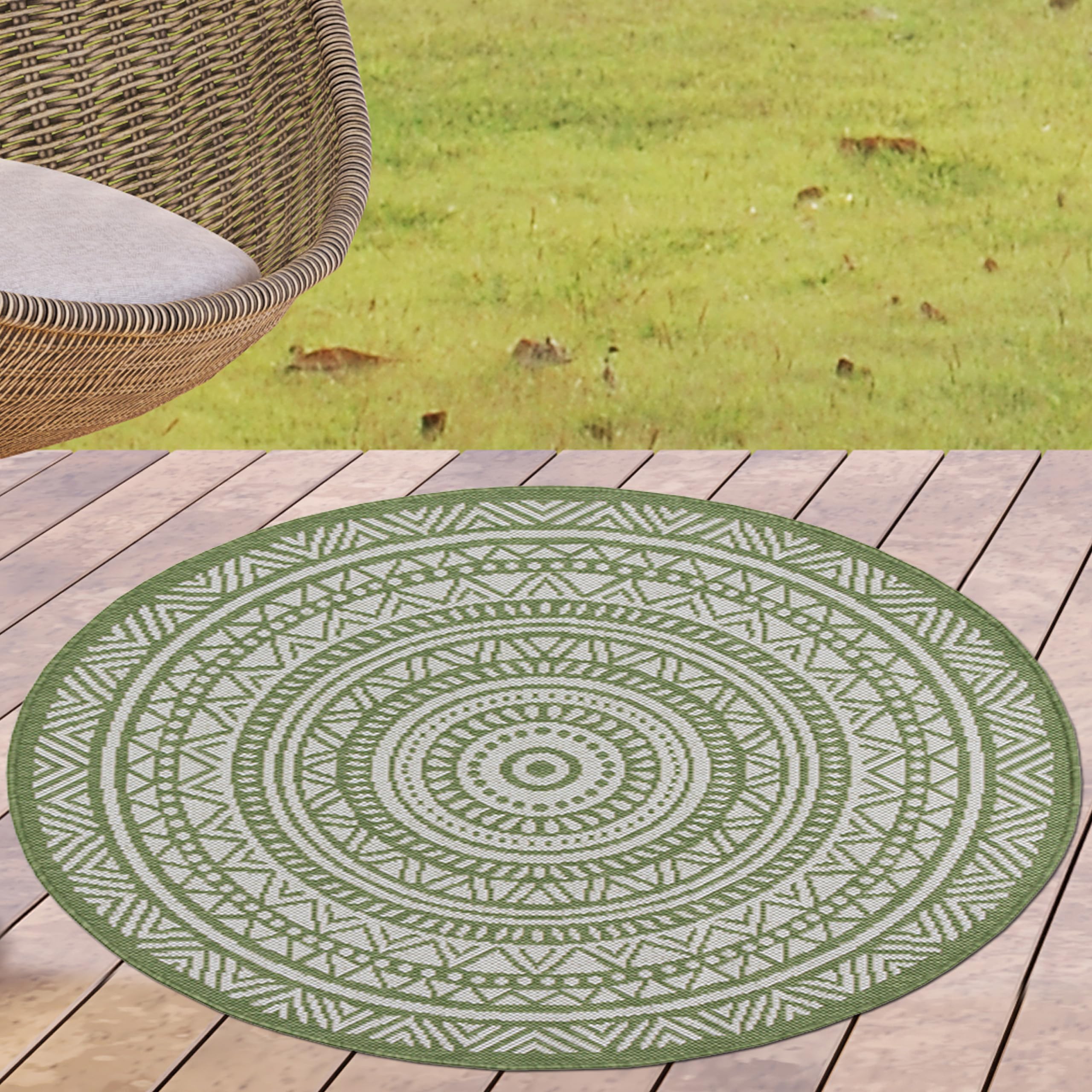 Tapis indoor outdoor rond au design mandala vert résistant