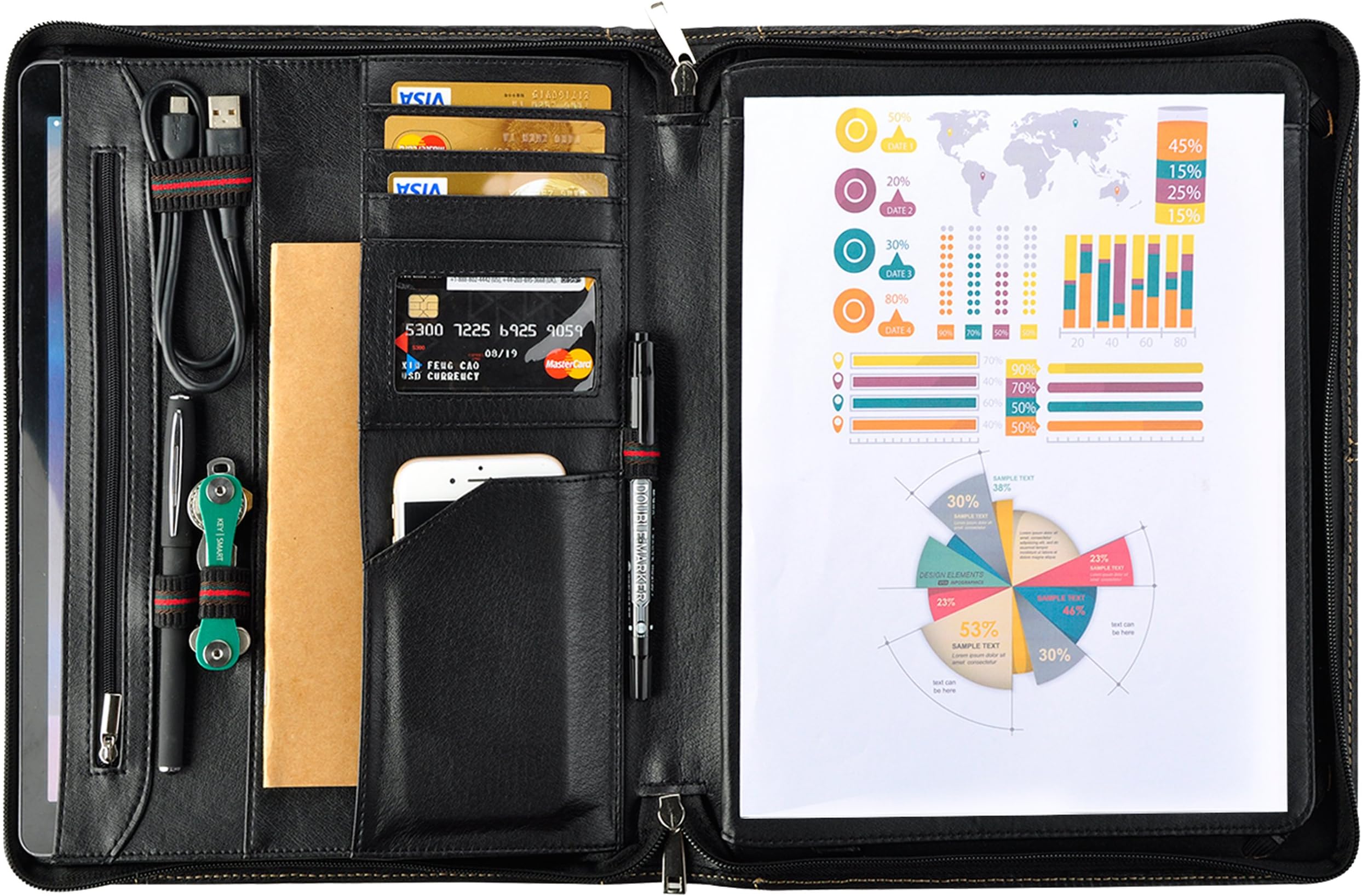 Leather Padfolio Portfolio, Leather Folder Padfolio Case for iPad Pro 12.9" (Black)