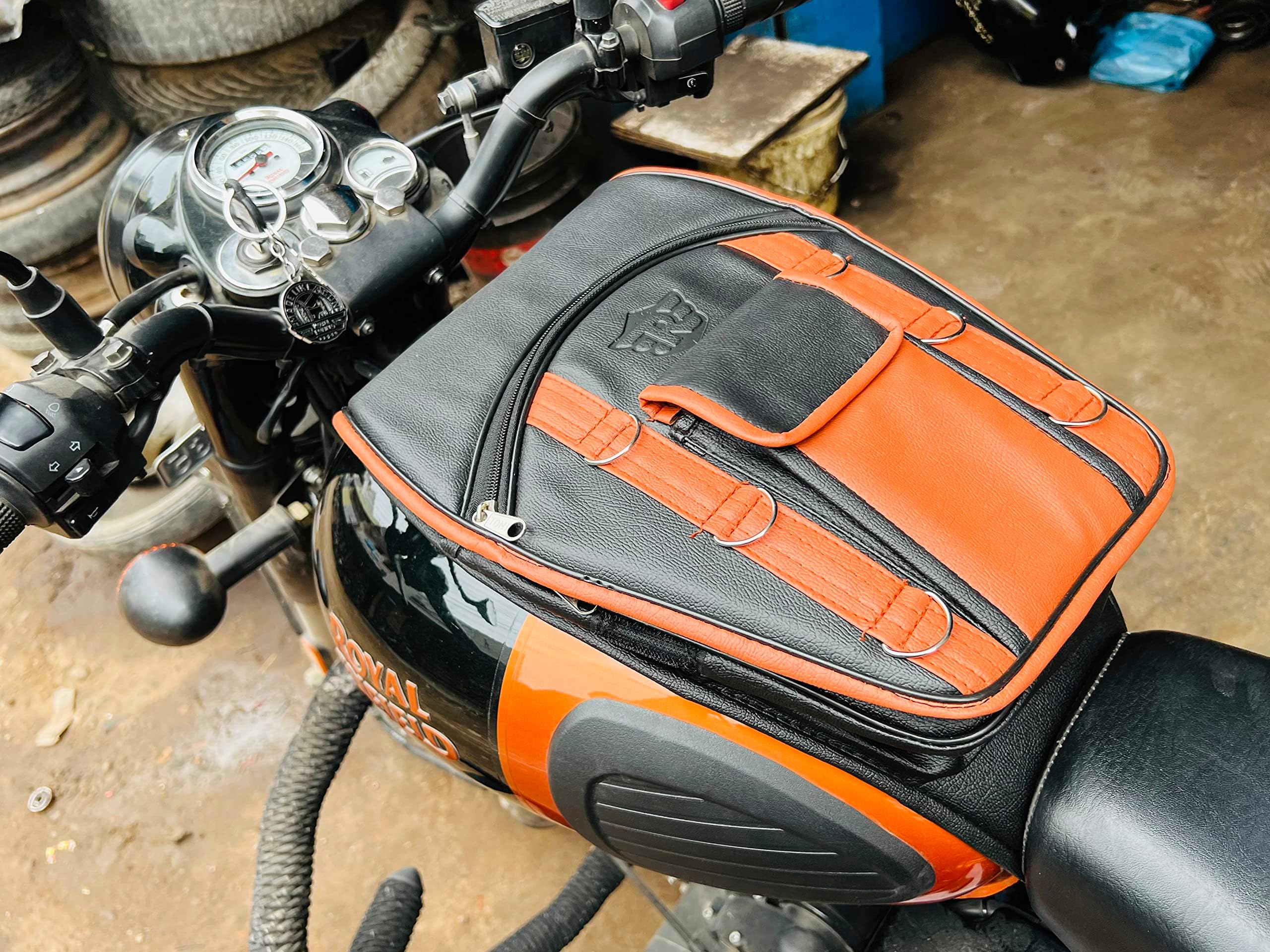 UNIWARE® Leather Scratch Proof Tank Cover/Tank Bag for RE Classic 350/500, RE Bullet,Electra and Standard Model Bikes - Mobile Pocket Tank Cover (Orange Design)