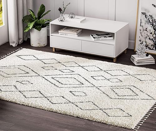 Abani Alfombra de estilo tribal con estampado de diamantes de 4 x 6 pies, alfombra decorativa tradicional marroquí marfil y gris