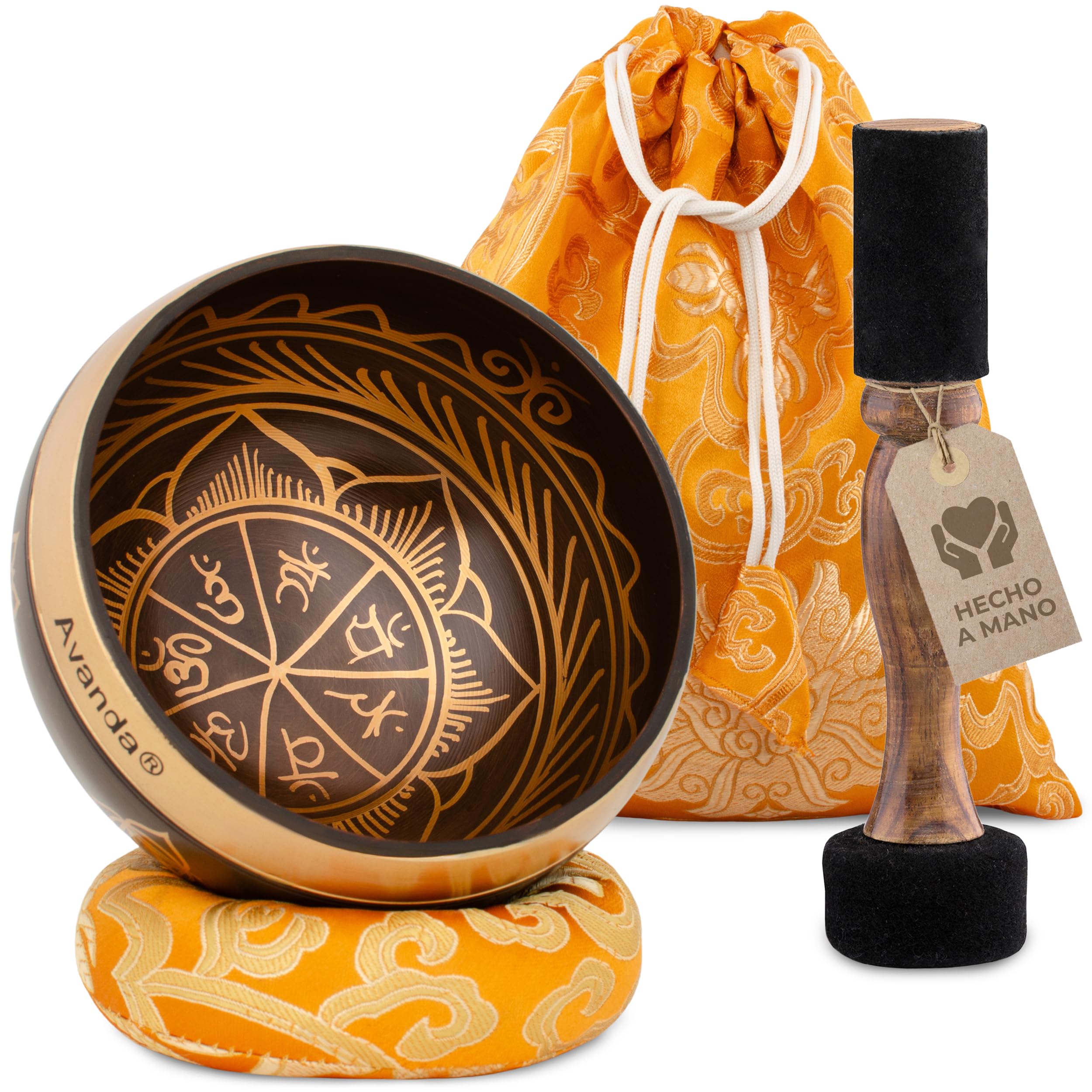 Juego de Cuenco Tibetano Chakra para Yoga, Meditación y Relajación - Cuenco Tibetano Pintado a Mano Ø 10 cm, Mazo Doble con Fieltro y Cuero, Cojín Anular, Bolsa e Instrucciones
