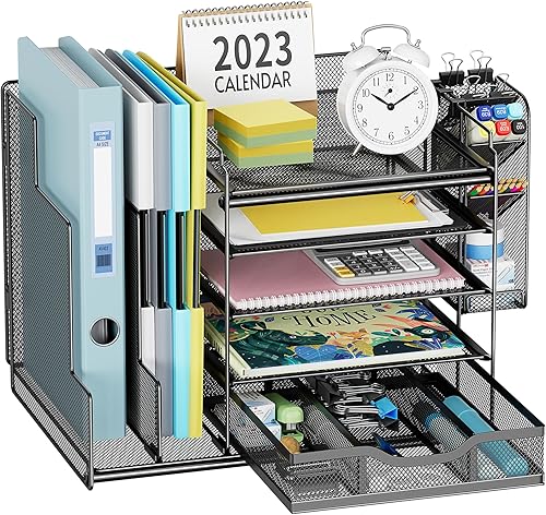 Egepon Organizador de escritorio de oficina con soporte vertical para archivos, bandeja de papel de malla de 5 niveles, organizador de escritorio y