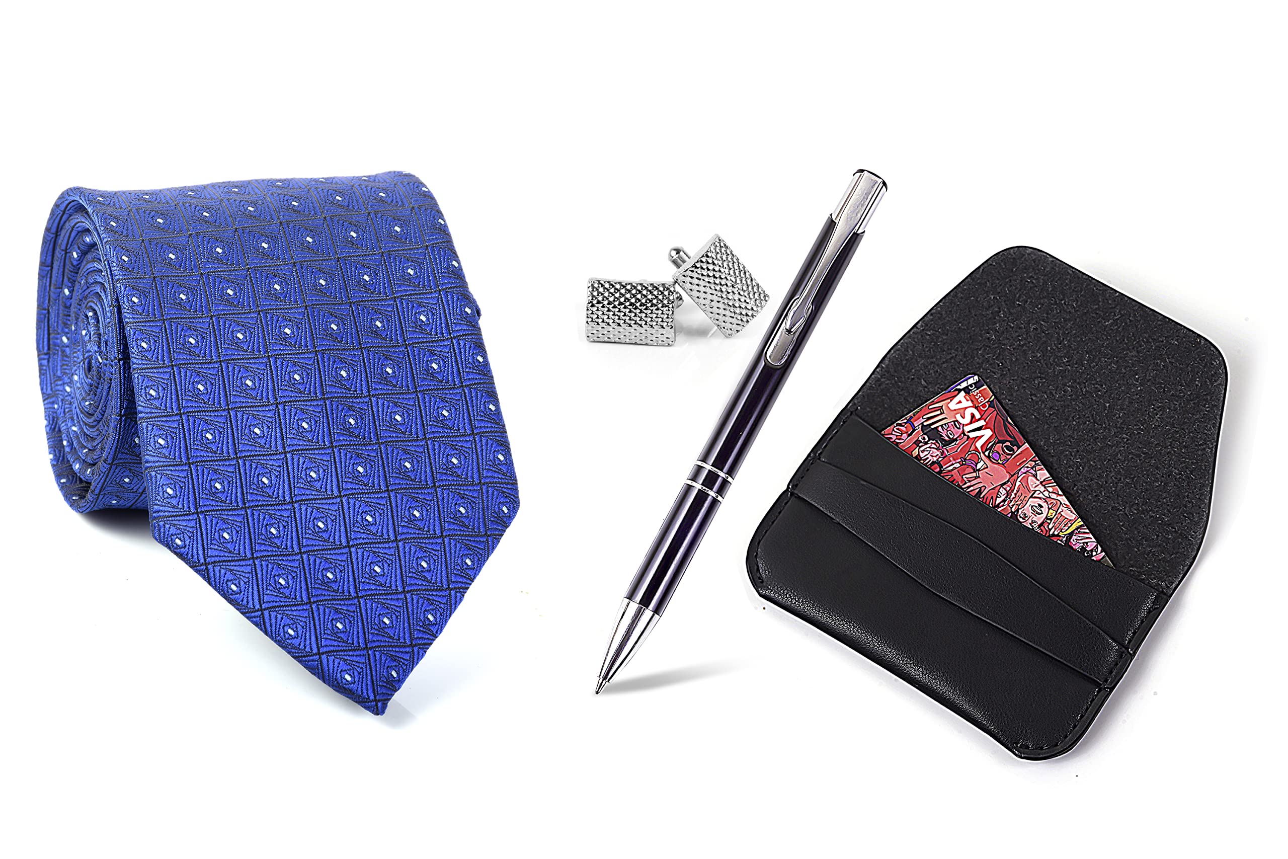 Aeht Men's Necktie, Cufflink, Pen and Card holder Set 1775 TPWC Blue