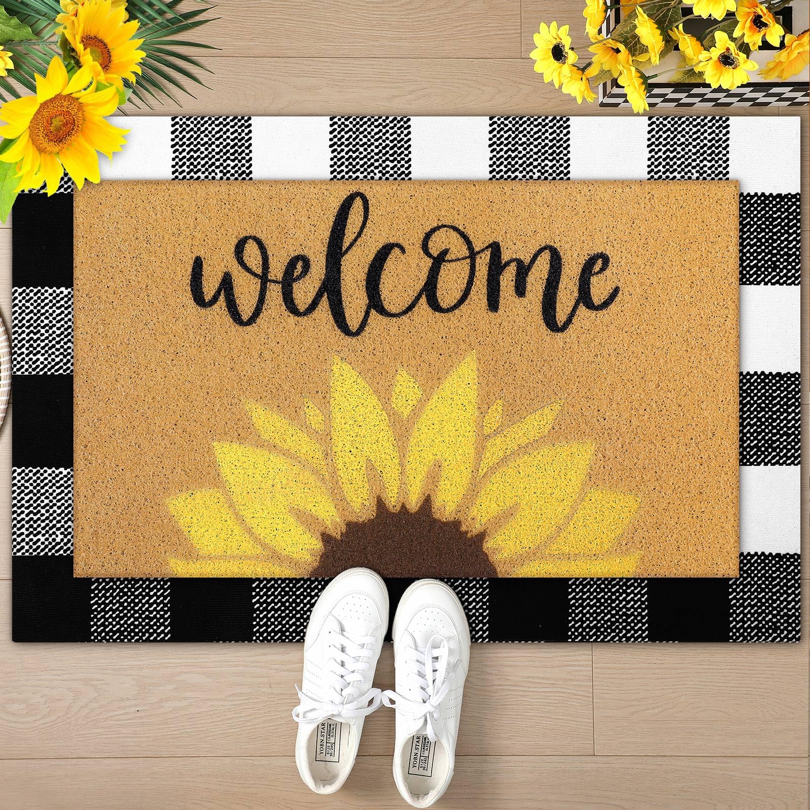 Tinideya 2 Pcs Summer Door Mat Sunflower Welcome Non Slip Coir Mats Floral Buffalo Plaid Floor Layering Doormats for Home Front Door Porch Entryway