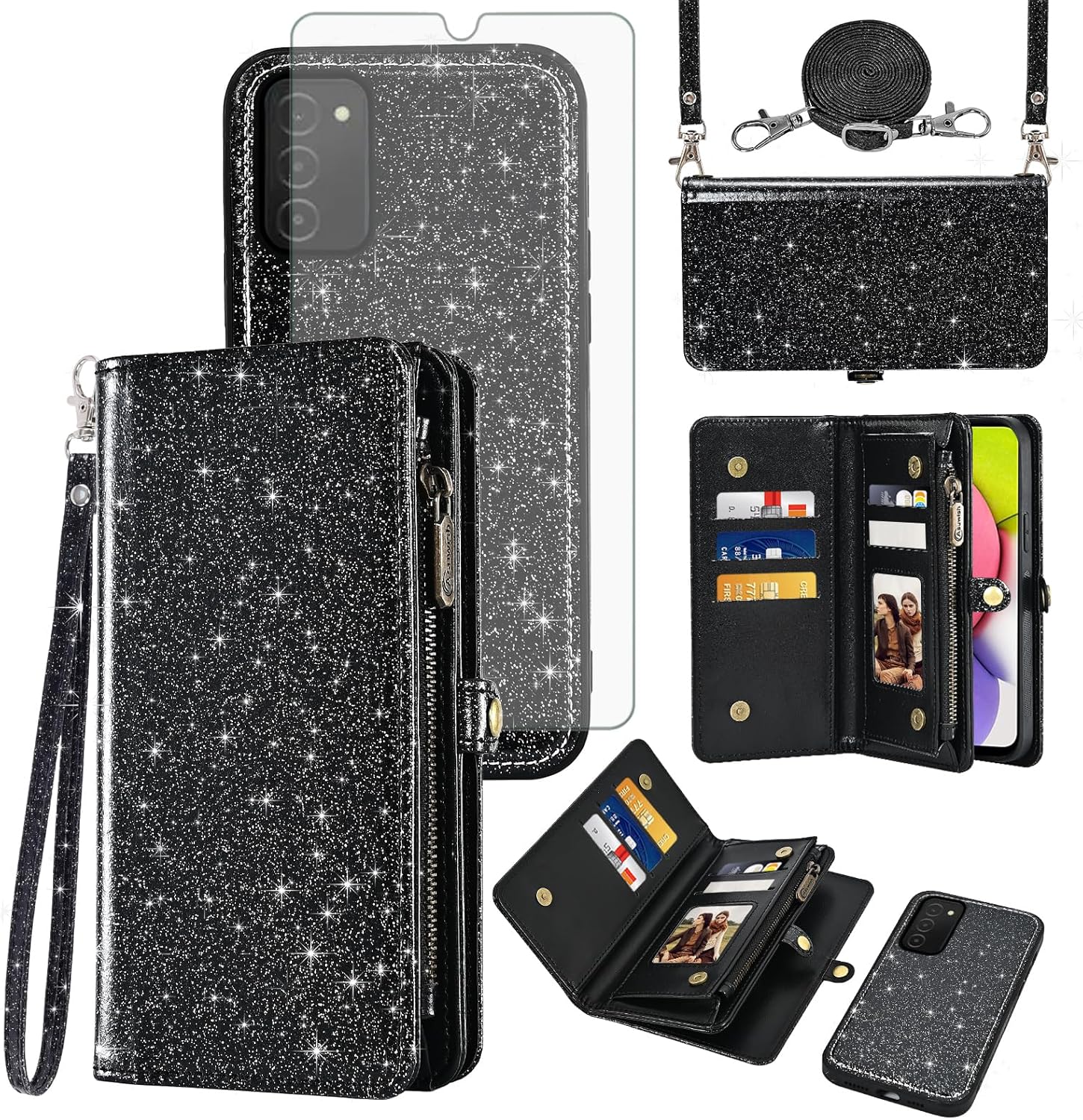 Asuwish Phone Case for Samsung Galaxy A03s US Version 5G 2022 Zipper Wallet Cell Cover with Tempered Glass Screen Protector Wrist Strap Flip Card Holder Slot Ao3s A 03s SM-A037U SM A037U Women Black