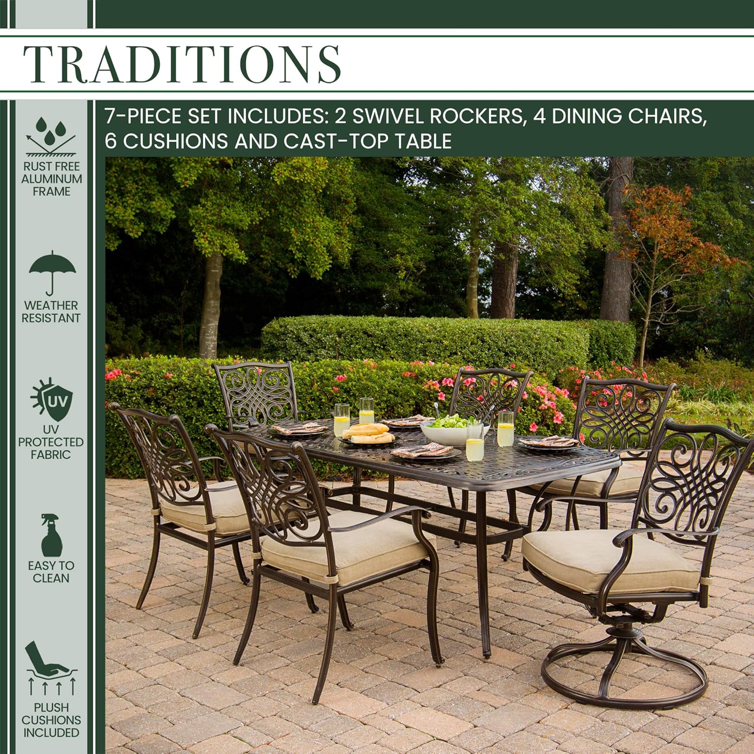 Hanover TRADITIONS7PCSW, 4 Stationary, 2 Swivel Rocker Chairs, and 38"x72" R Traditions 7-Piece Cast Aluminum Outdoor Patio Dining Set, Bronze Frame, Tan : Everything Else
