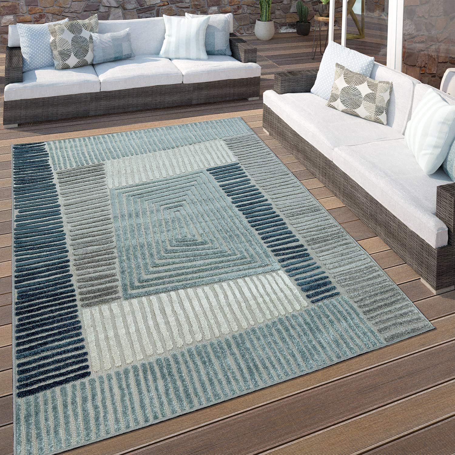 Paco Home Outdoor Rug in Blue Beige for Patio Geometric Pattern 3D Design Weatherproof, Size: 5'3" x 7'7"