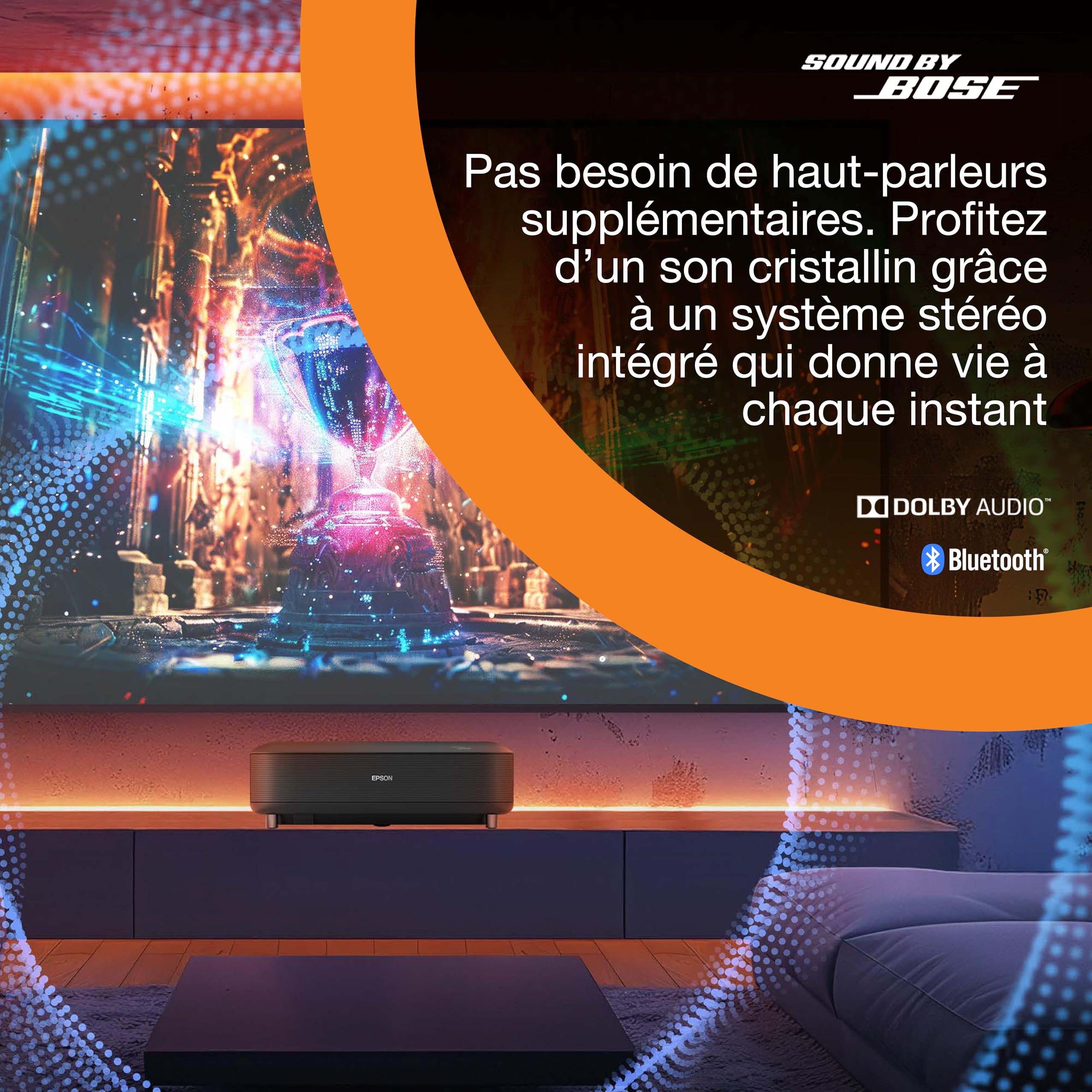 Epson Lifestudio Grand EH-LS670B | Project. laser TV intell. ultracourte focale | Home Cinéma 4K PRO‑UHD | 3 600 lumens | Imagerie IA | Sound by BOSE | Google TV | Écran 120 po | Garantie 5 ans | Noir