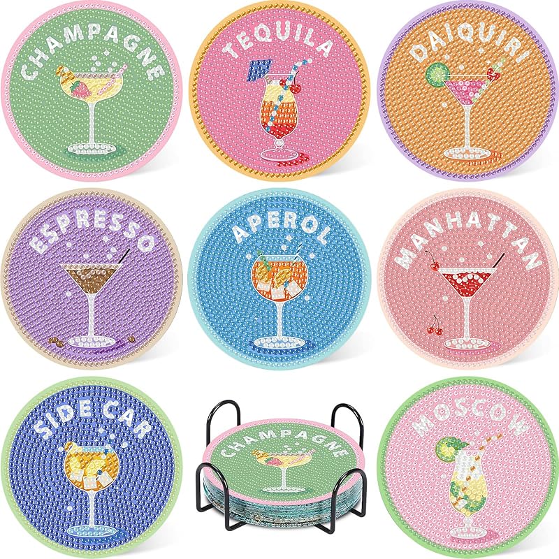Cocktail Diamond Art Coasters Kit for Adults, Diamond Painting Coasters | Diamond Art Coasters Kit for Adults with Holder, Anti-Slip Coasters, 5D Gem Art, DIY Crafts Diamond Dots for Gift or Life