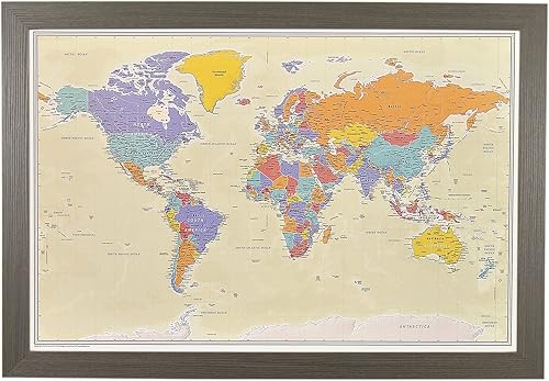 Vista 56 de Lienzo - Mapa de viaje personalizado Tan Oceans World Push Pin con marco negro