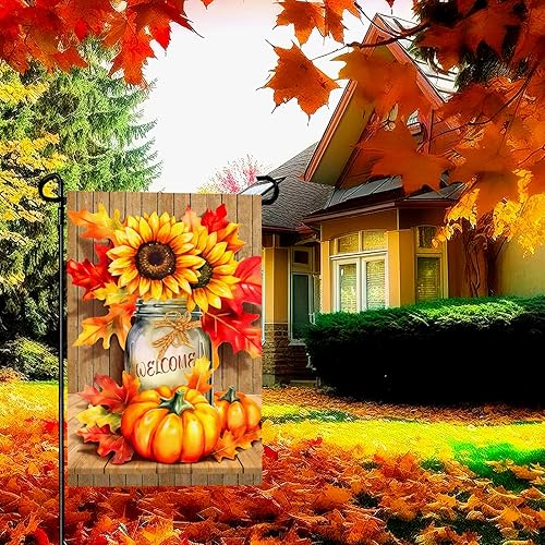 Miniatura 2 de Dacawin Banderas de jardín de otoño con impresión de girasol, bandera de jardín de hojas de arce de bienvenida para exteriores, Dacawin calabaza