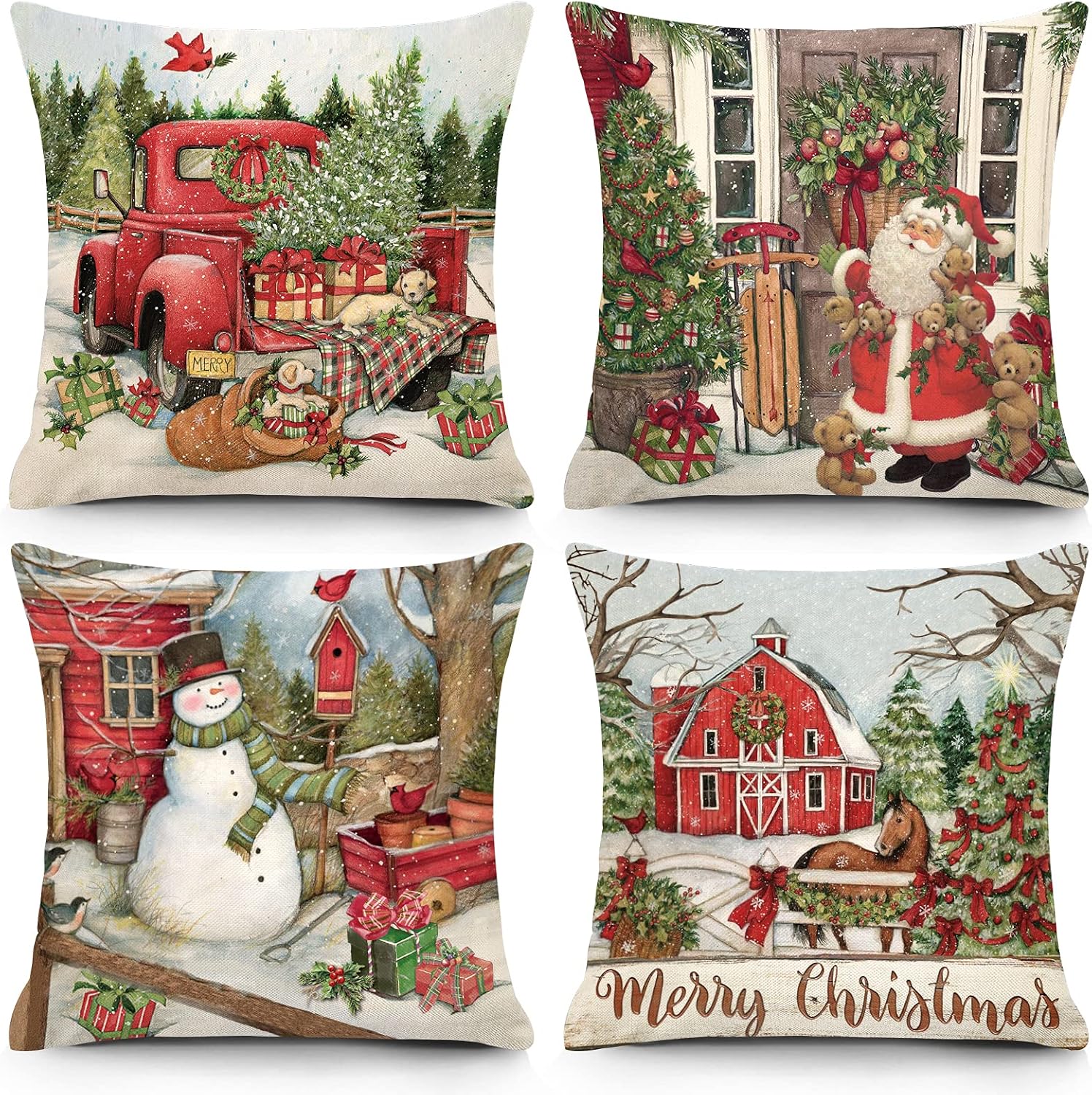 YGEOMER Christmas Pillow Covers 18x18 Inch for Christmas Decor Scenery Christmas Decorations Throw Pillow Covers for Sofa Couch Home Decoration Set of 4