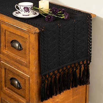 FEXIA Black Table Runner with Tassels for Fall Home Boho Decor 12x72 Inch | 72 Inches Long Farmhouse Rustic Black Halloween Table Runner Macrame Gothic Burlap Table Decoration for Living Room