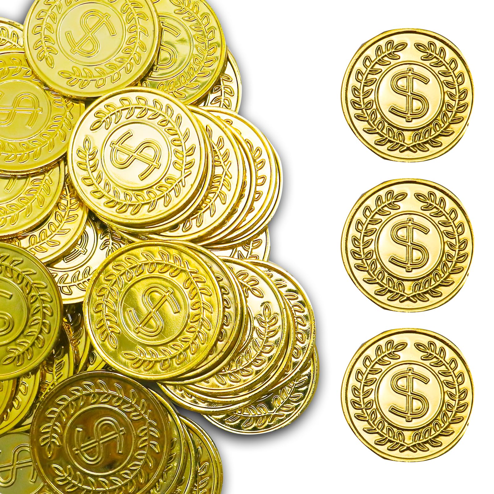 soitzhoc 100 piezas monedas de plastico，dinero de juguete，monedas de oro falsas,monedas juguete，monedas de oro de juguete para la caza del tesoro y los regalos de fiestas