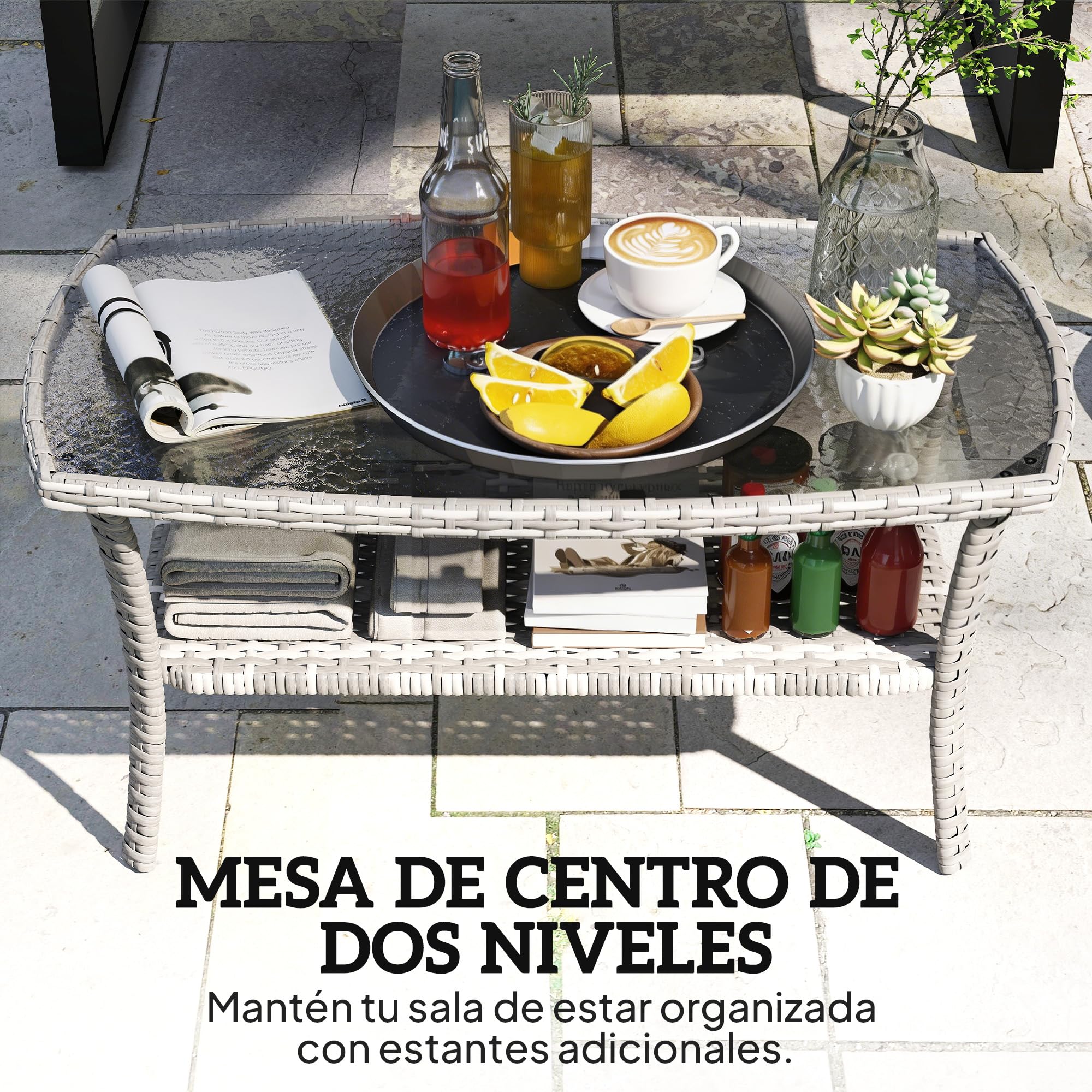 Outsunny Tavolo da giardino esterno in rattan con mensola, tavolino rettangolare da giardino, piano in vetro temperato con onde, struttura in acciaio, per terrazza, patio, 90 x 50 x 45 cm, grigio