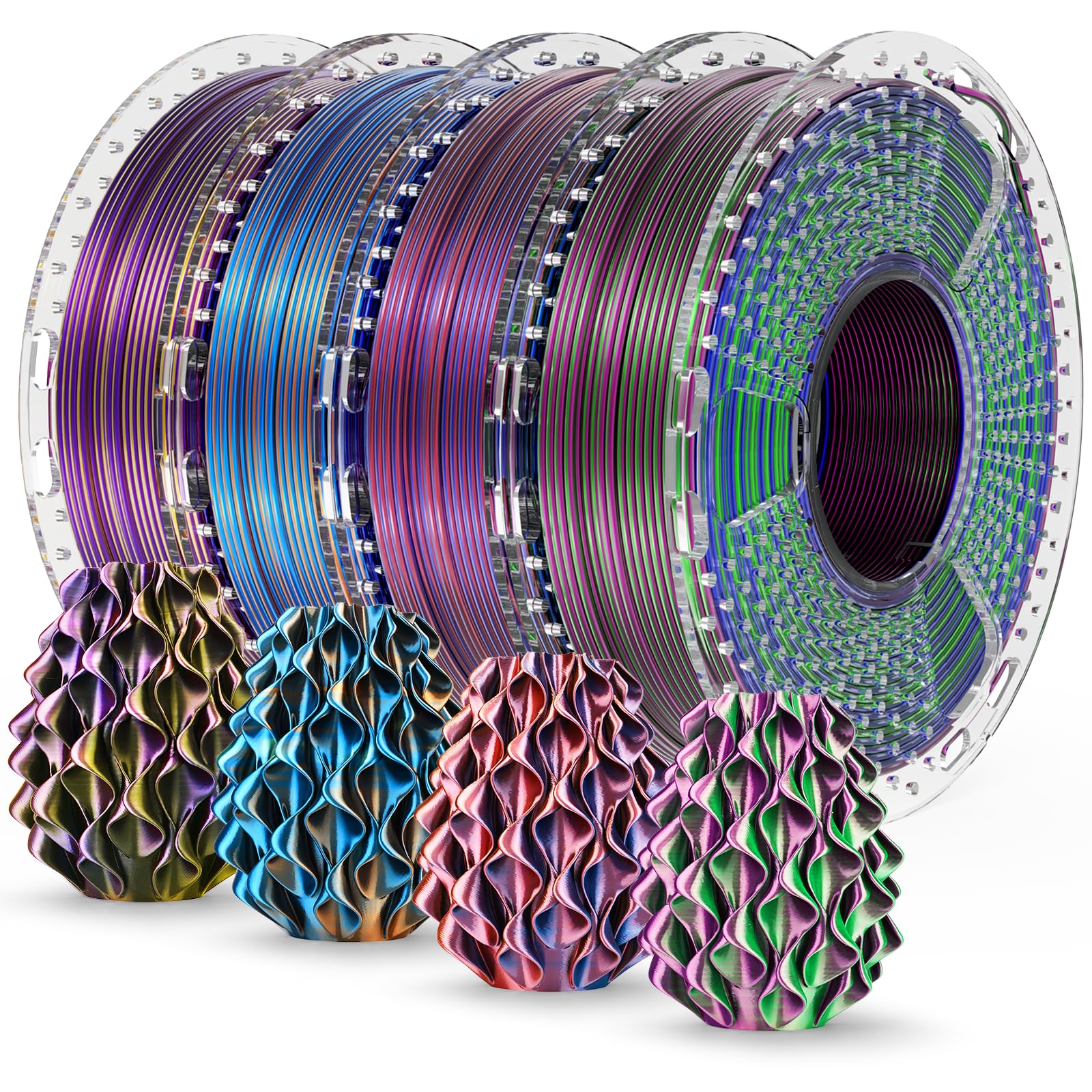 SUNLU Silk PLA+ Filament 1.75mm 250gx4, Silky Glossy PLA Plus 3D Printer Filament Bundle, BlackGoldPurple+RedYellowBlue+OrangeBlueGreen+BlueGreenPurple
